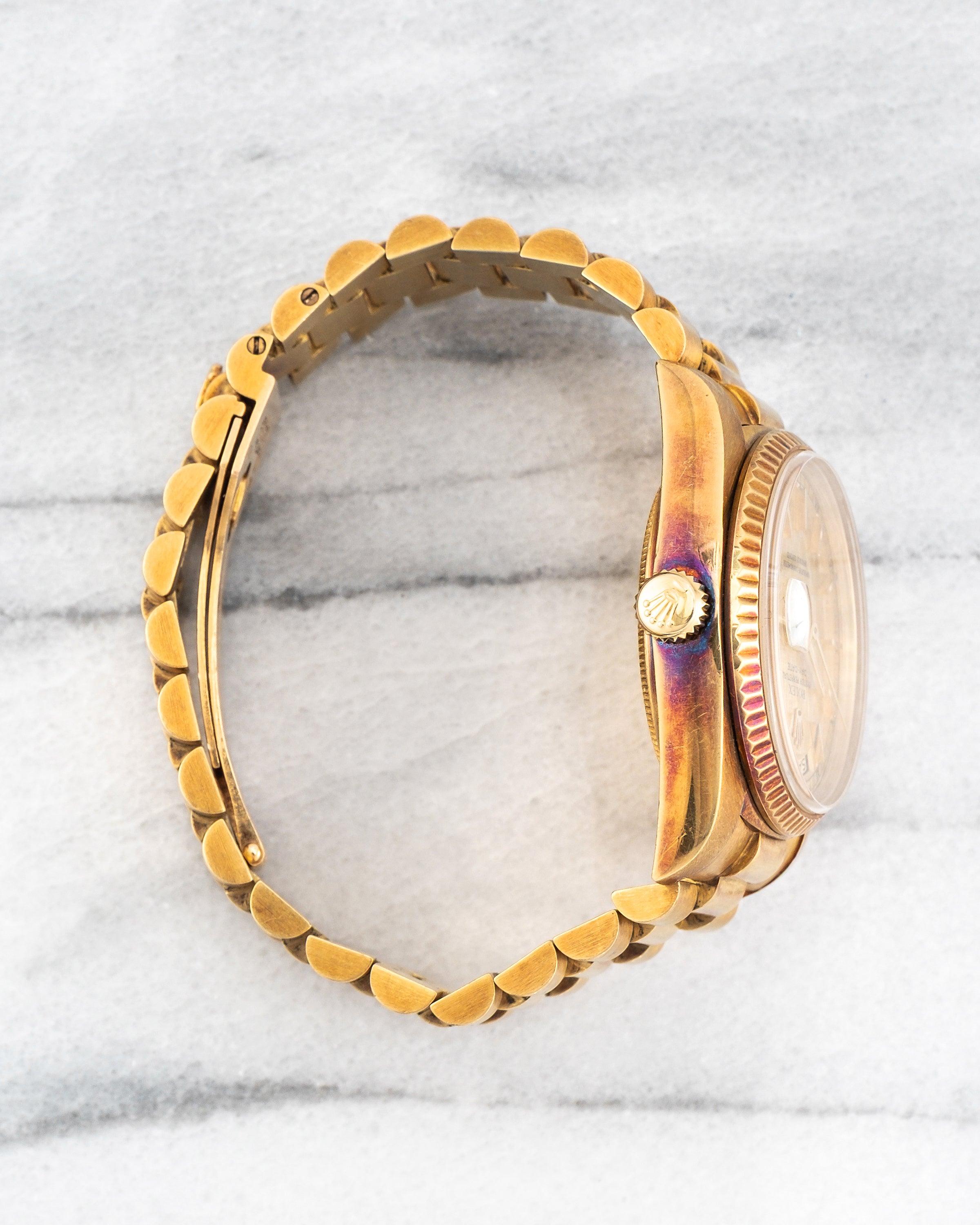 Rolex Day Date 18038 Champagner Leinen Uhr, 1980er Jahre für Damen oder Herren im Angebot