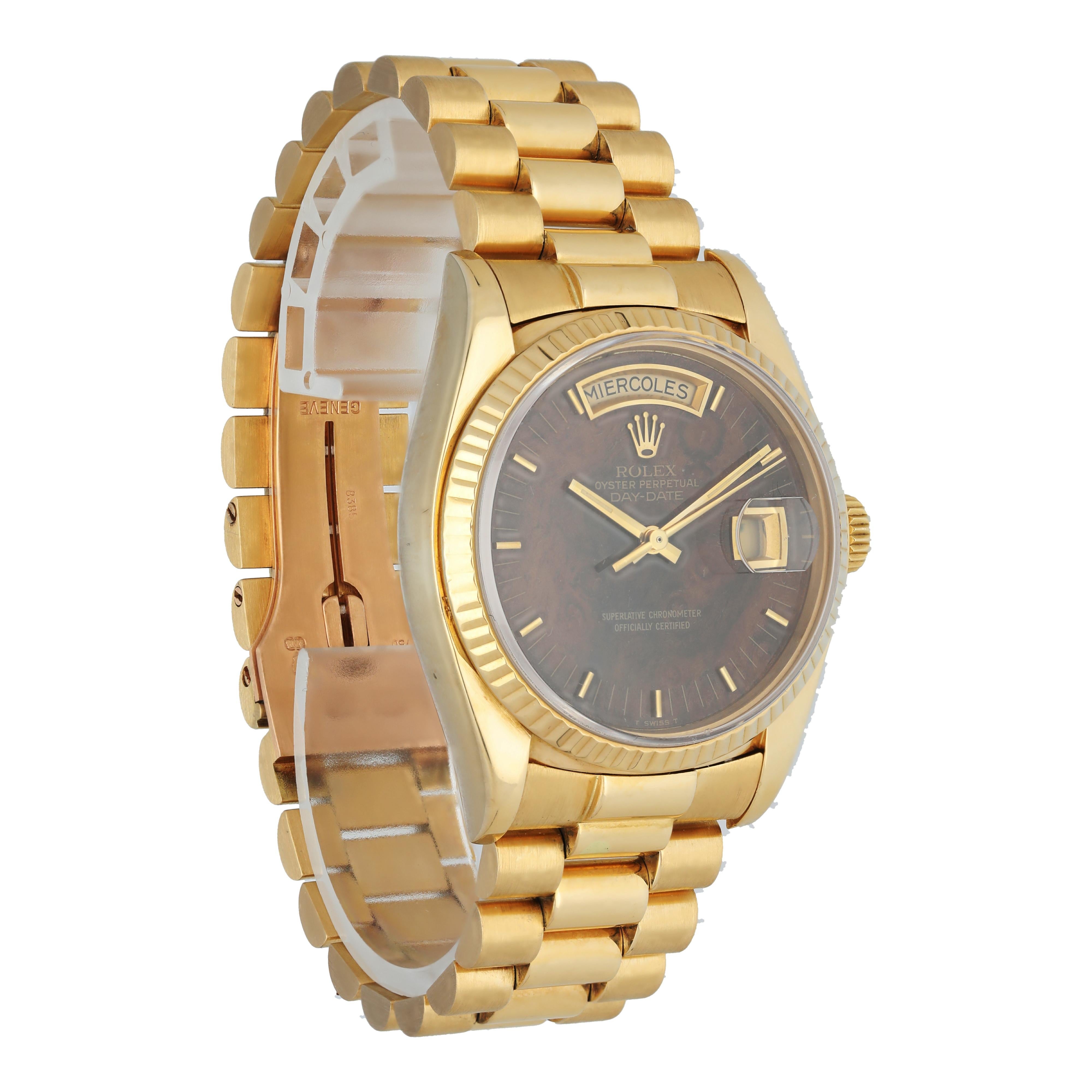 Rolex Day Date 18038 Wood Dial President Men's Watch In Excellent Condition For Sale In New York, NY