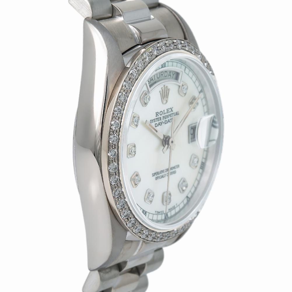 Contemporary Rolex Day-Date President White Gold 18039 Automatic Watch Diamond Dial & Bezel For Sale