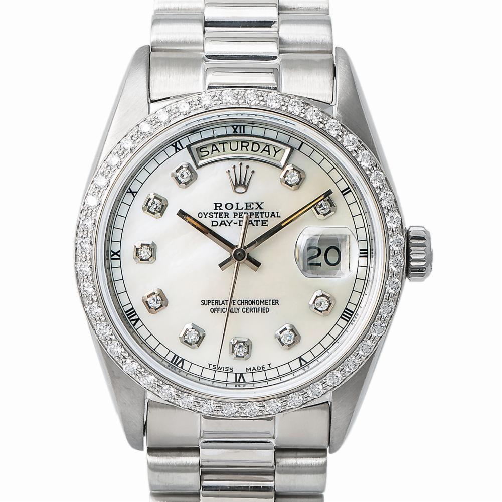 Rolex Day-Date President White Gold 18039 Automatic Watch Diamond Dial & Bezel In Excellent Condition For Sale In Miami, FL