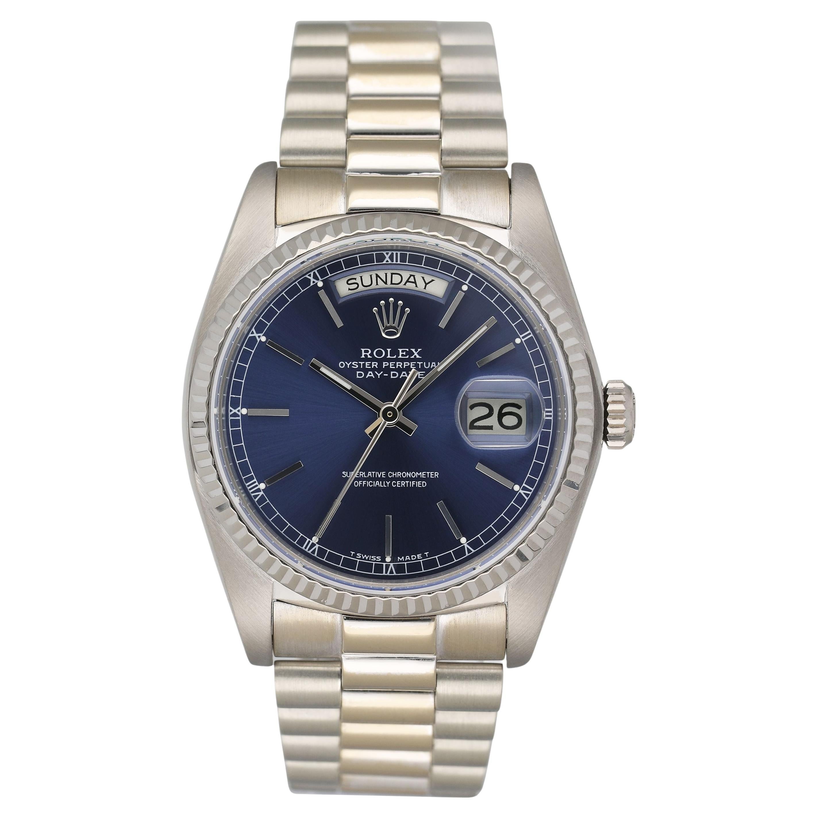 Rolex Day-Date 18039 Blue Dial 18K White Gold Mens Watch in vendita