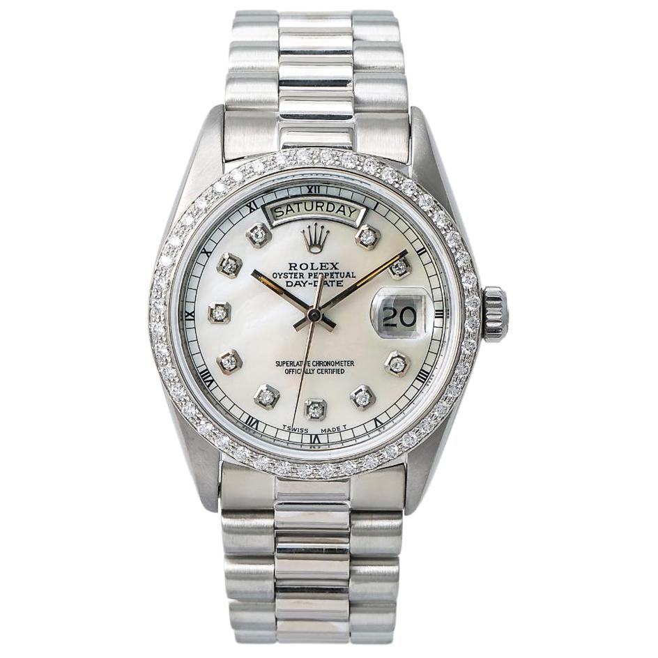 Rolex Day-Date President White Gold 18039 Automatic Watch Diamond Dial & Bezel For Sale