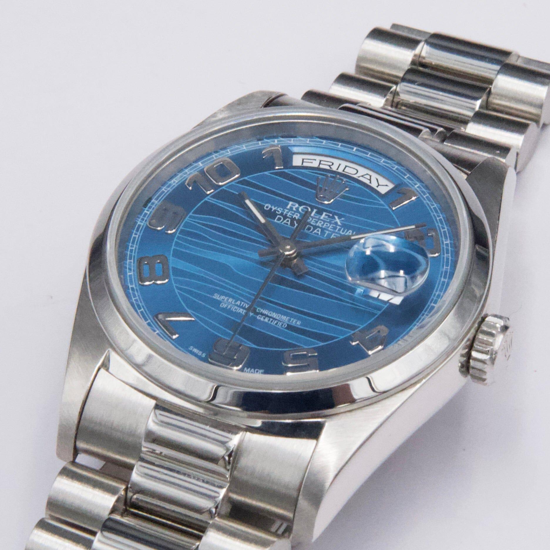 Rolex Day-Date 18206 Platino Quadrante Blu Orologio Uomo In condizioni ottime in vendita a Great Neck, NY