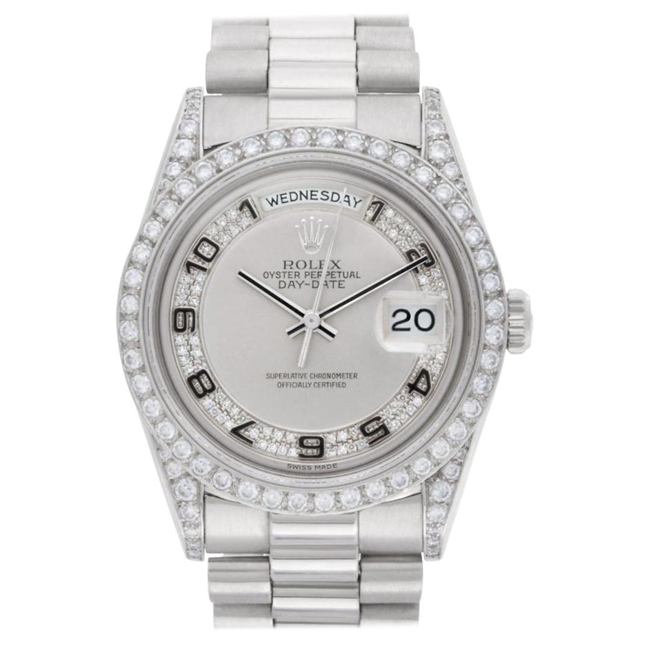 Rolex Day-Date 18206 Platinum Original Diamonds Silver Dial Auto Watch, 1993 For Sale