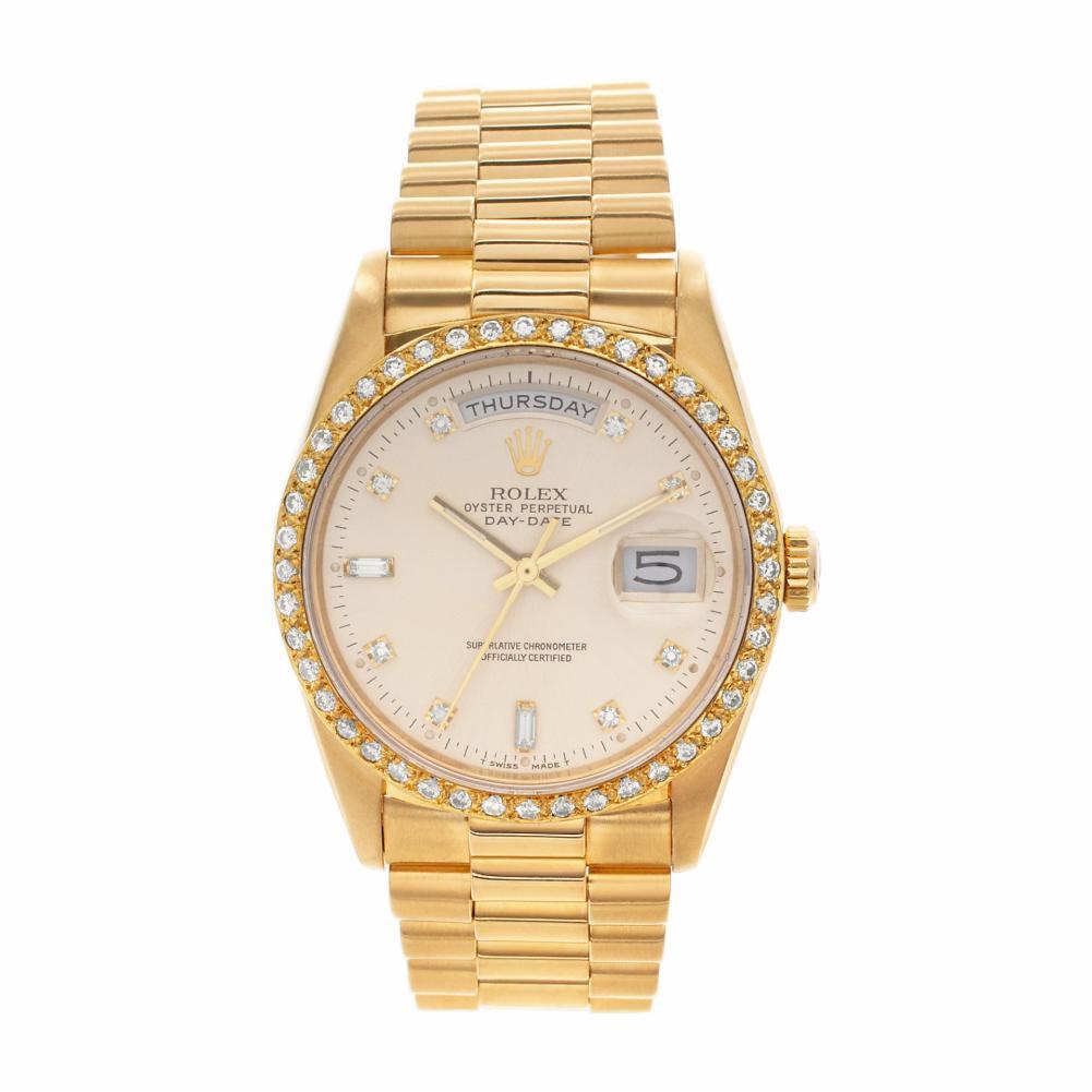 Rolex Day-Date Reference #:18238. Rolex Day-Date in 18k with original diamond dial & custom diamond bezel. Auto w/ sweep seconds, date and day. With papers. Ref 18238. Circa 1989. Fine Pre-owned Rolex Watch. Certified preowned Dress Rolex Day-Date