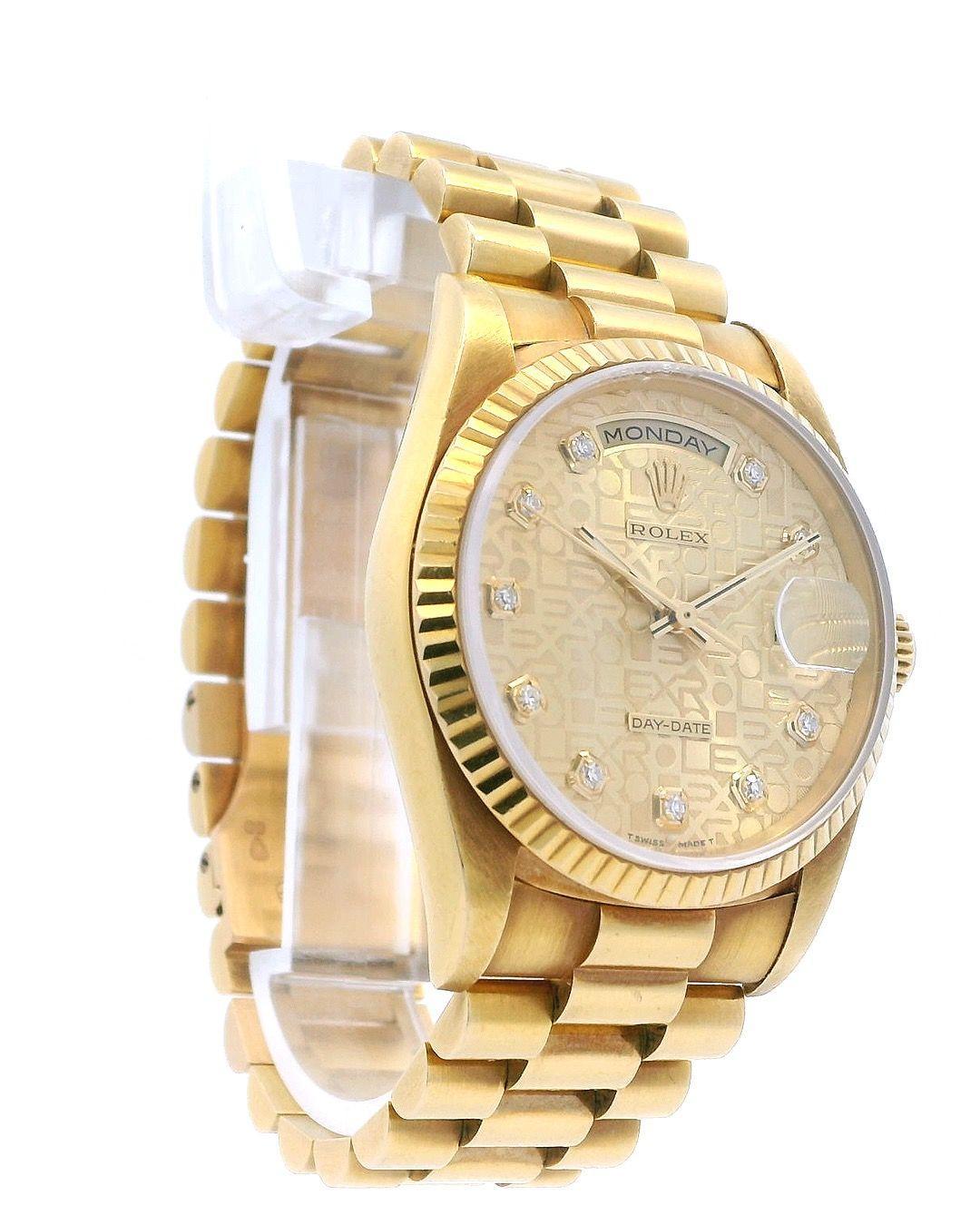 Rolex Day-Date 18238 18K Yellow Gold  Anniversary Diamond Dial Watch In Good Condition In Great Neck Plaza, NY