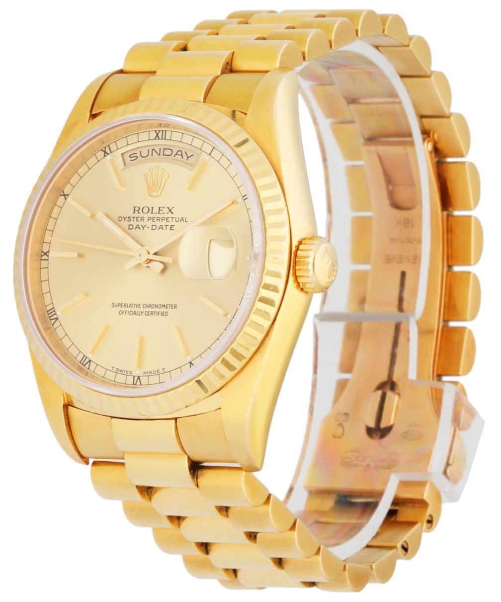 
Rolex Oyster Perpetual Day-Date President 18238 Men's Watch. 36mm 18k yellow gold case. 18k yellow gold fluted bezel. Champagne dial with gold hands and index hour marker. Day display at 12 o'clock. Date display at 3 o'clock. 18k yellow gold