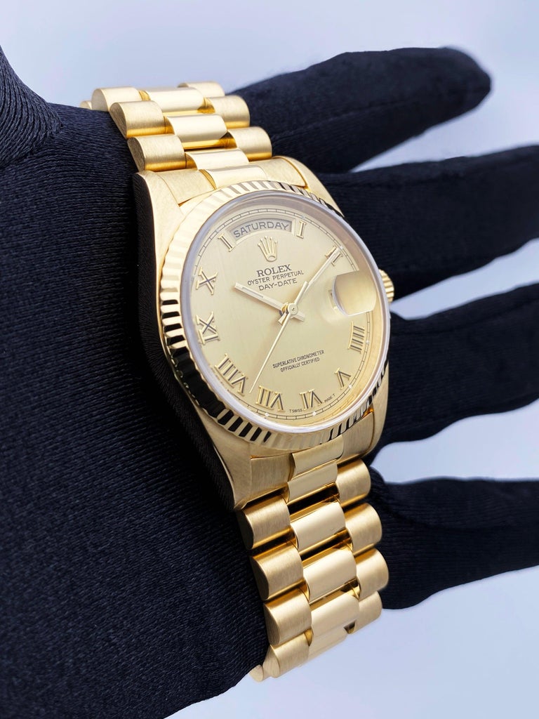 Rolex Day Date 18238 18K Yellow Gold Mens Watch Box Papers In Excellent Condition For Sale In Great Neck, NY