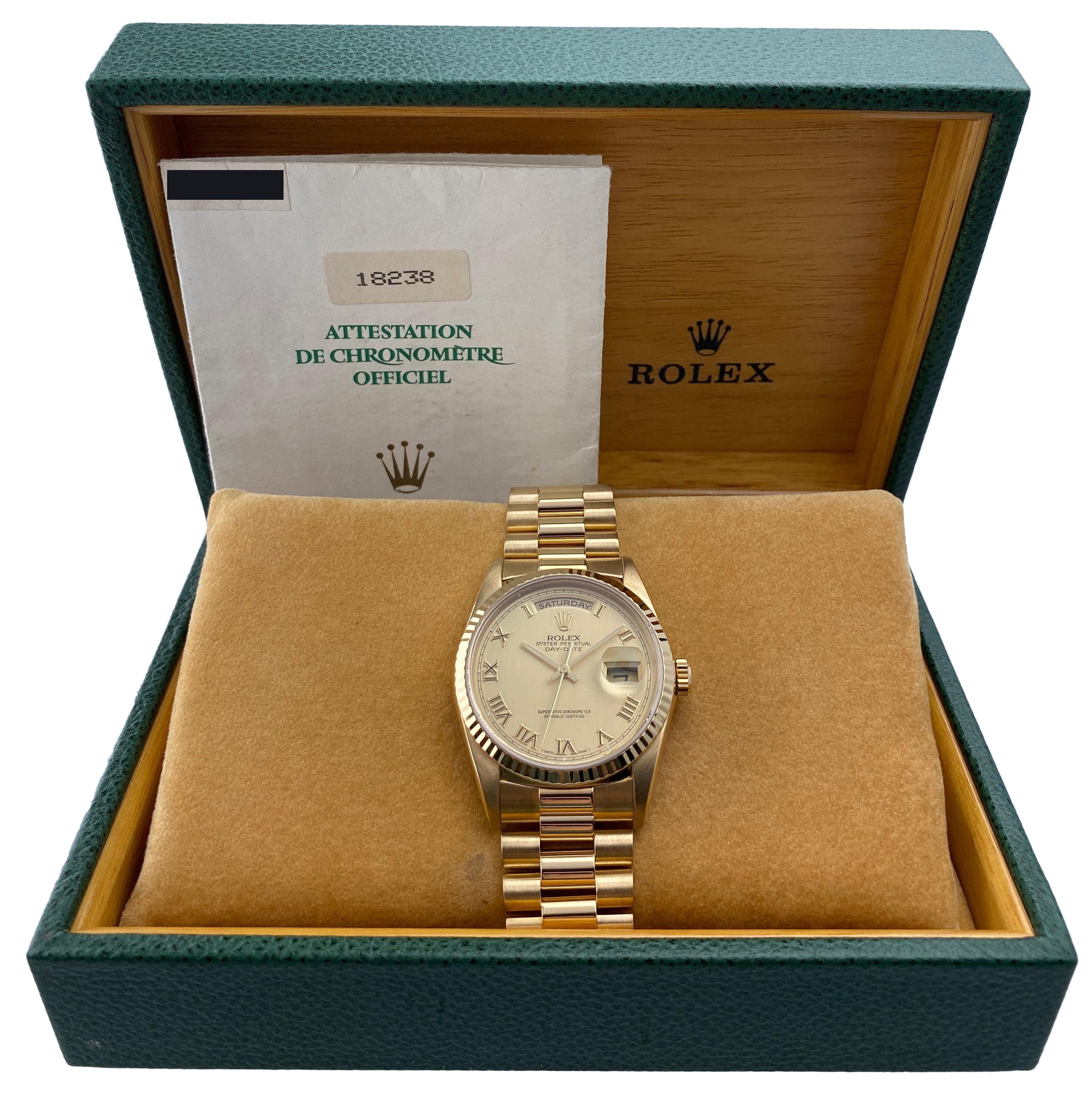 Rolex Day Date 18238 18K Yellow Gold Mens Watch Box Papers In Excellent Condition In Great Neck, NY