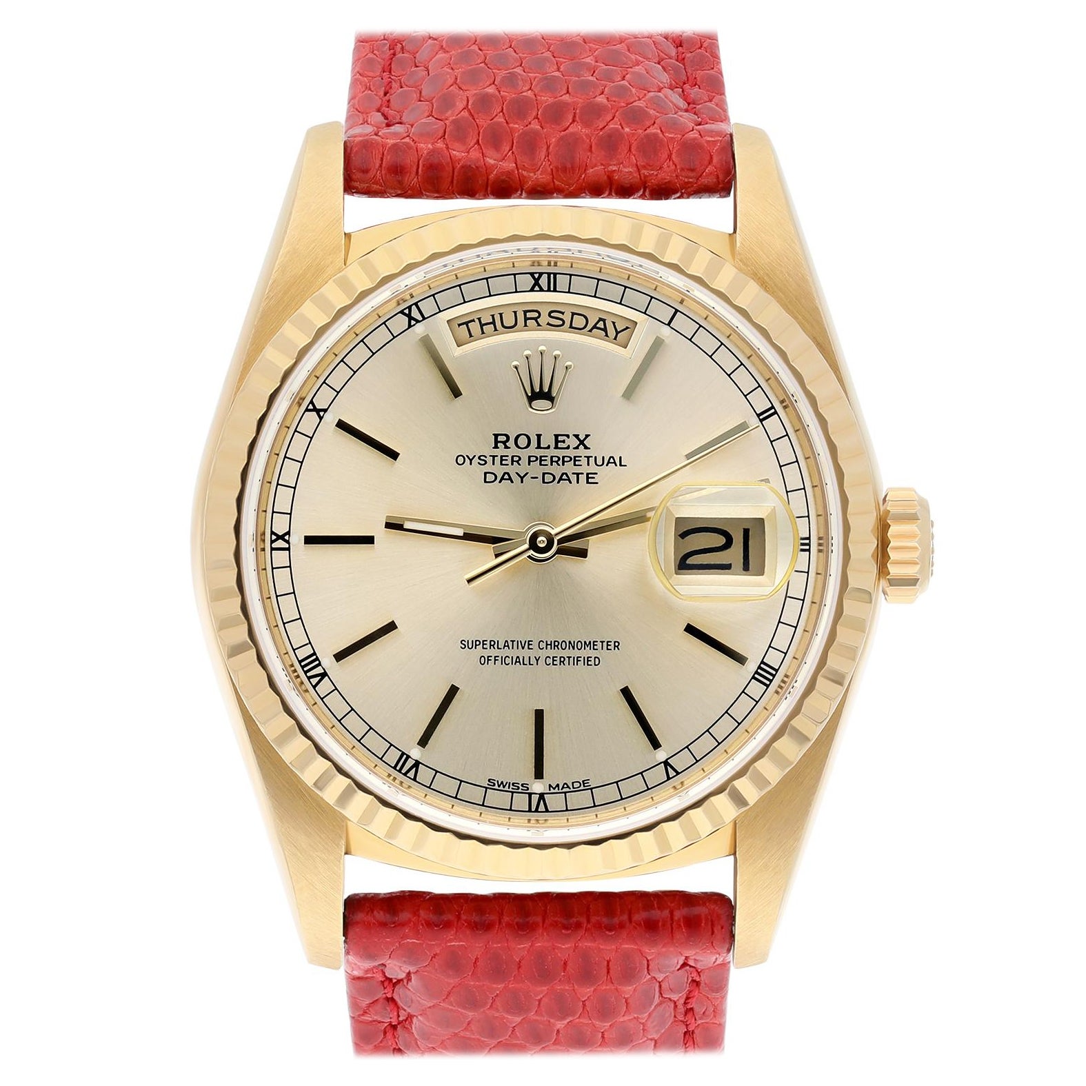 Rolex Day-Date 18238 18K Gelbgold Uhr 36m geriffelte Lünette Silber Zifferblatt Unisex