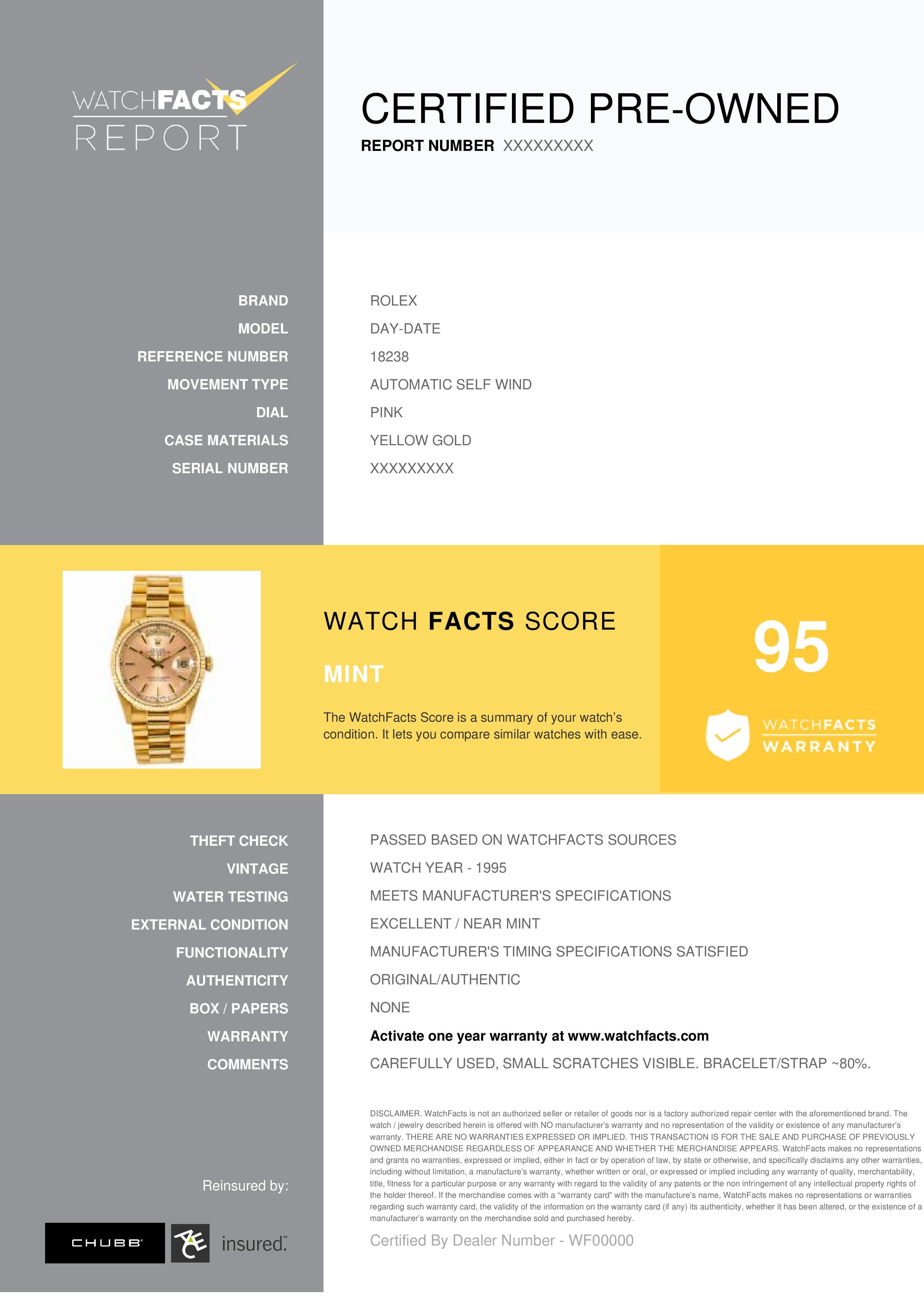 Rolex Day-Date Reference #: 18238. Mens Automatic Self Wind Watch Yellow Gold Pink 36 MM. Verified and Certified by WatchFacts. 1 year warranty offered by WatchFacts.
