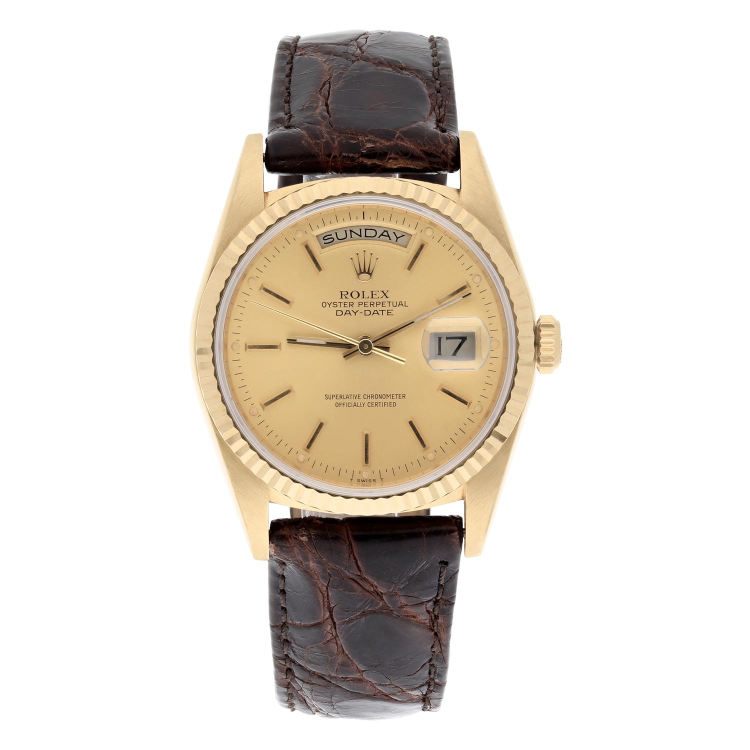 This watch has been professionally polished, serviced and does not have any visible scratches or blemishes. Leather strap and gold plated buckle are custom aftermarket. The watch itself is a genuine Rolex which has been inspected to verify