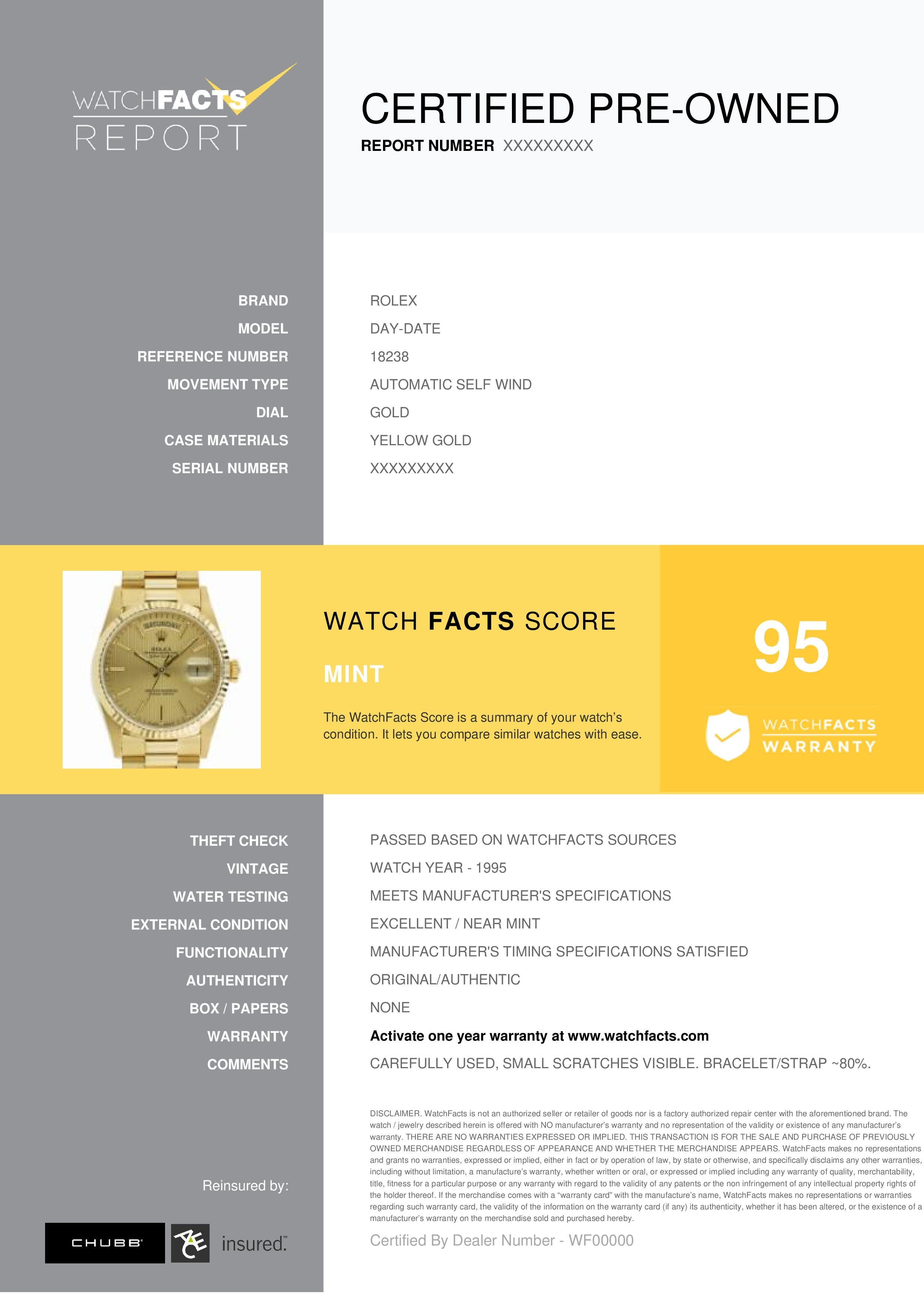 Rolex Day-Date Reference #:18238. men's yellow gold, Rolex, Day-Date 18238, automatic self wind. Verified and Certified by WatchFacts. 1 year warranty offered by WatchFacts.