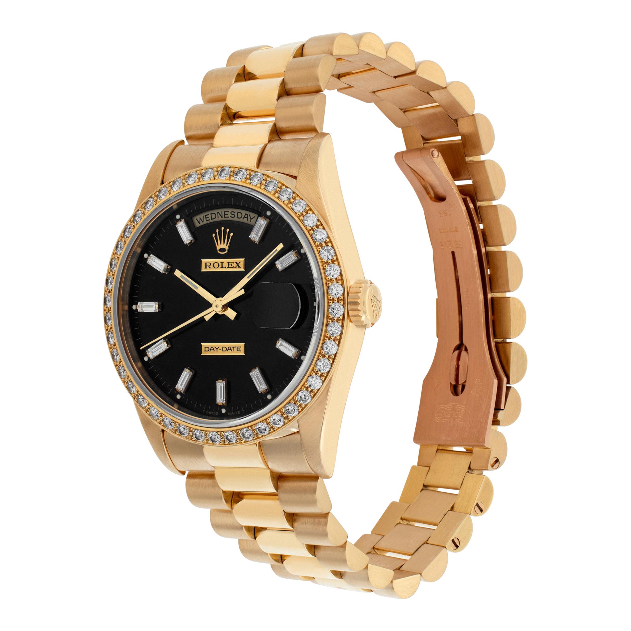 Rolex Day-Date in 18k yellow gold with factory original all baguette diamond dial & factory original diamond bezel. Fresh Rolex factory service preformed in Dec. 2022.  Auto w/ sweep seconds, date and day. 36 mm case size. Ref 18238. Circa 1995.