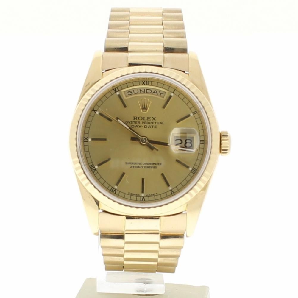 Rolex Day-Date 18238 with Band, Yellow-Gold Bezel and Champagne Dial In Good Condition For Sale In Miami, FL