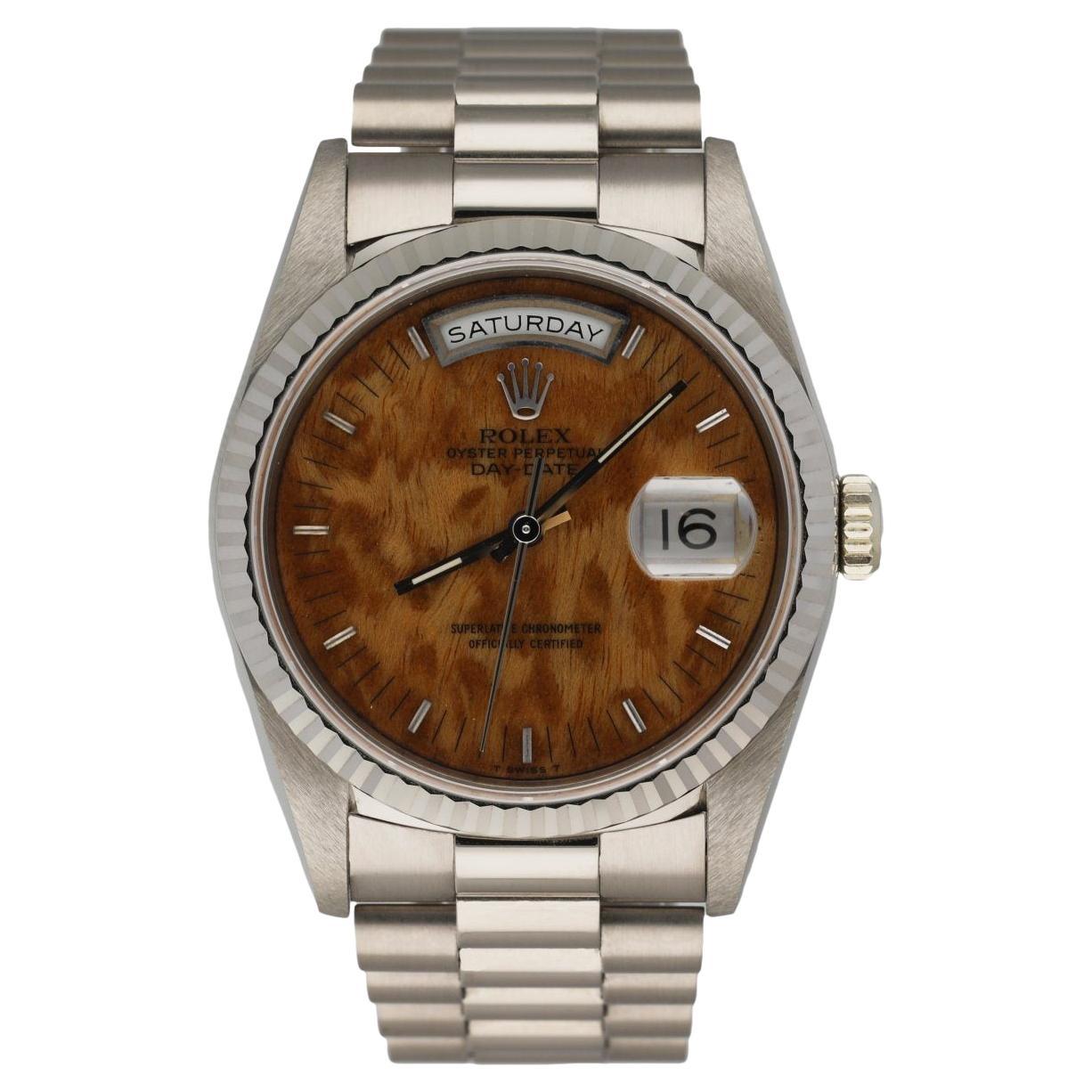 Rolex Day Date 18239 18K White Gold Wood Dial Men's Watch Mint
