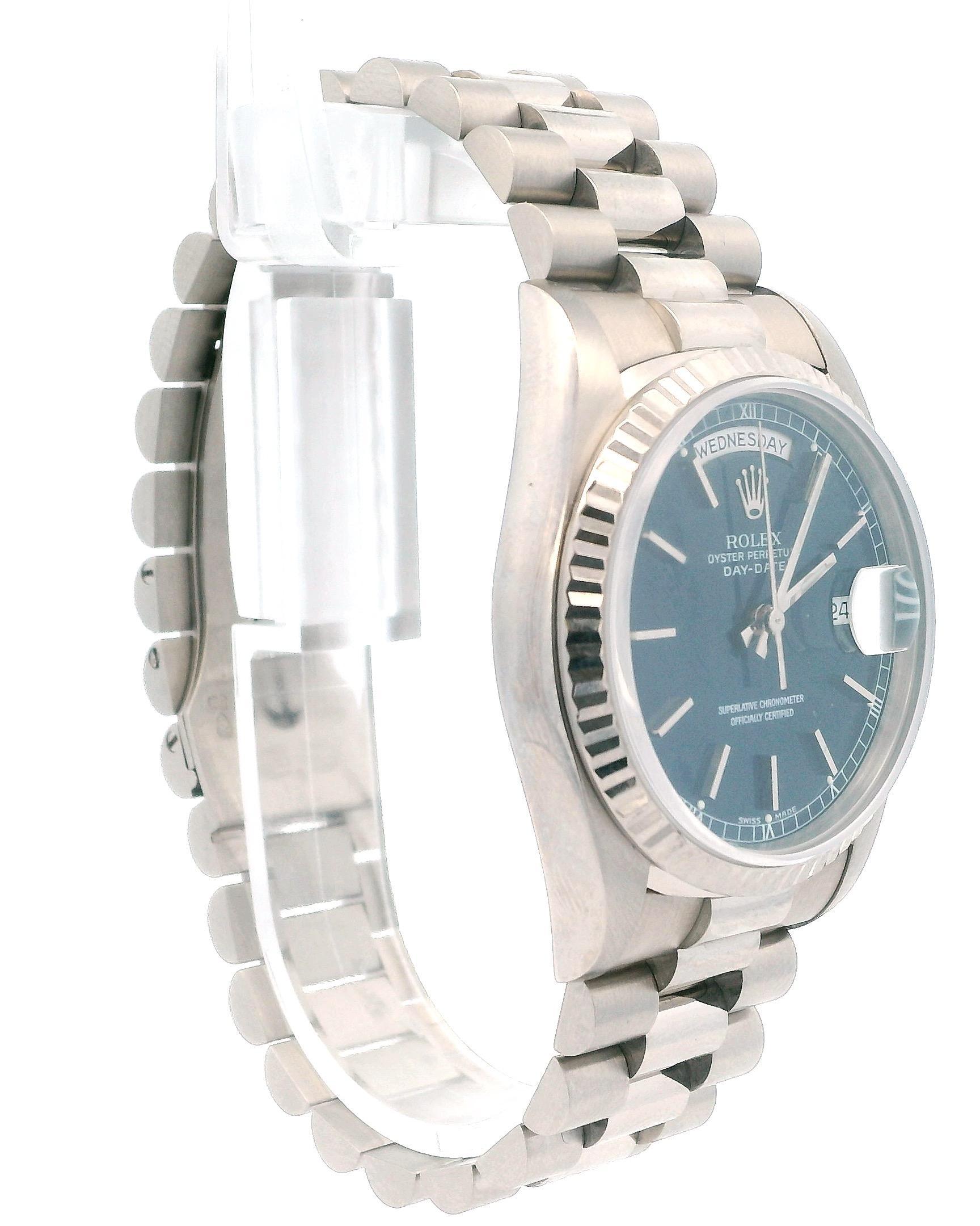 Rolex Day Date 18239 quadrante blu oro bianco 18 carati con documenti di servizio. In condizioni ottime a Great Neck Plaza, NY