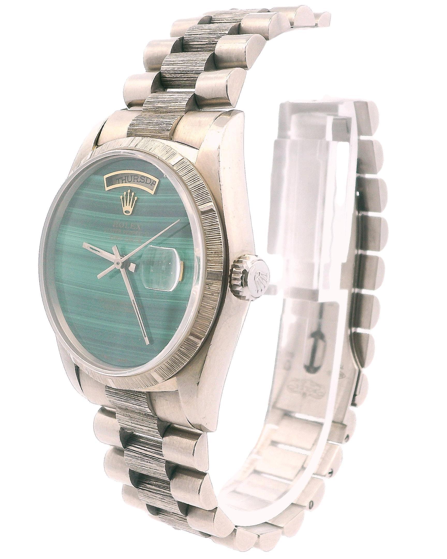 Rolex Day Date 18249 Green Malachite Dial Bark Finish Watch In Excellent Condition For Sale In Great Neck Plaza, NY