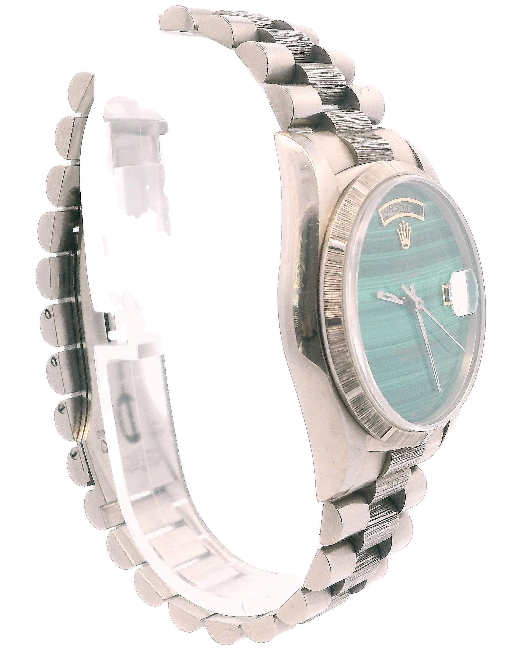 Women's or Men's Rolex Day Date 18249 Green Malachite Dial Bark Finish Watch For Sale