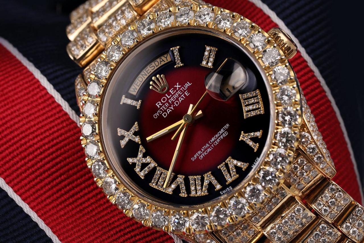 Rolex Day-Date 18k Gold Red Vignette Dial Frosted Watch 18038 In Excellent Condition For Sale In New York, NY