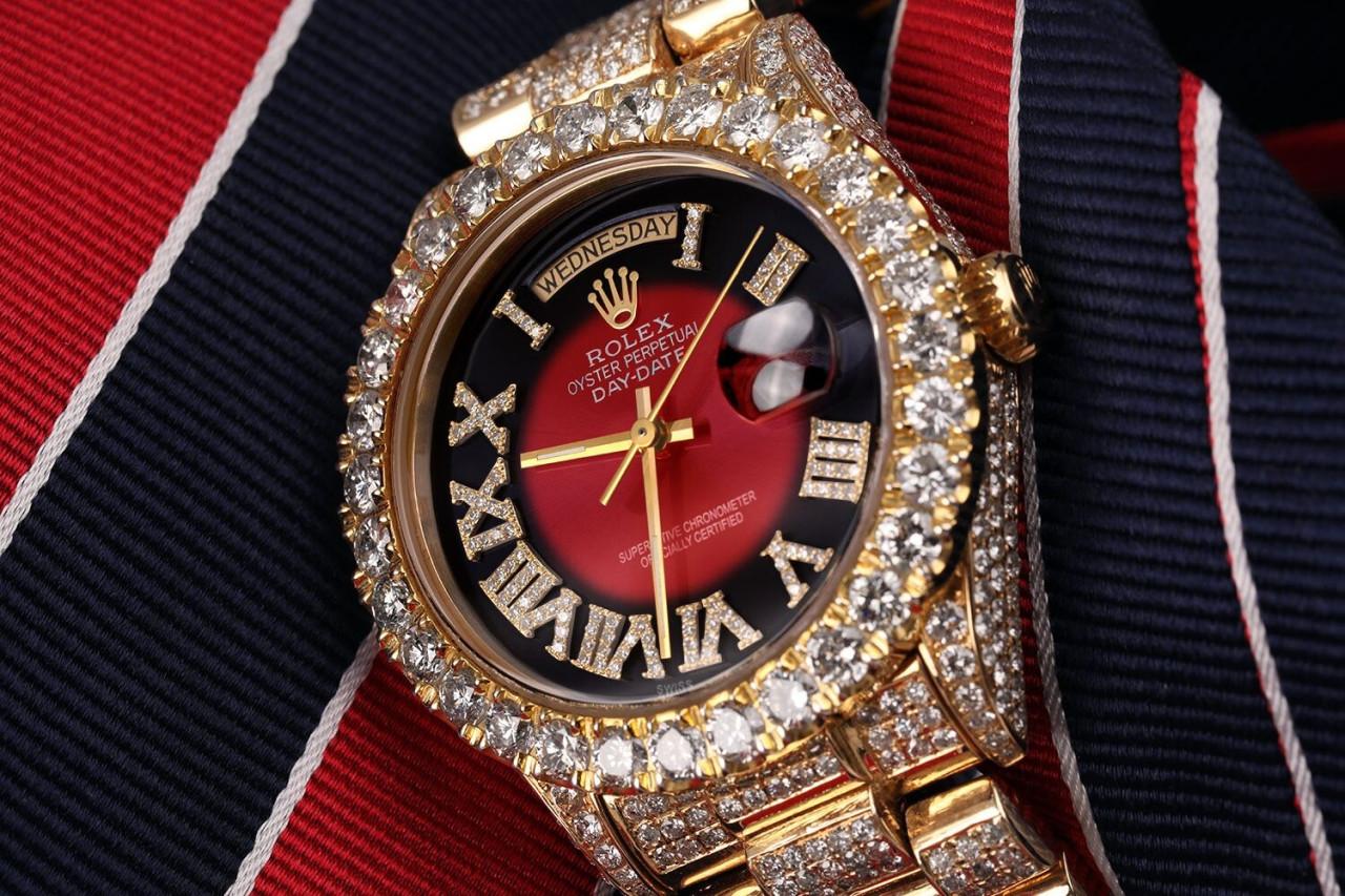 Rolex Day-Date Or 18k Cadran Vignette Rouge Givré Montre 18038 en vente 3