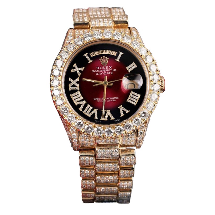 Rolex Day-Date Oro 18k Quadrante Rosso Vignette Smerigliato Orologio 18038 in vendita