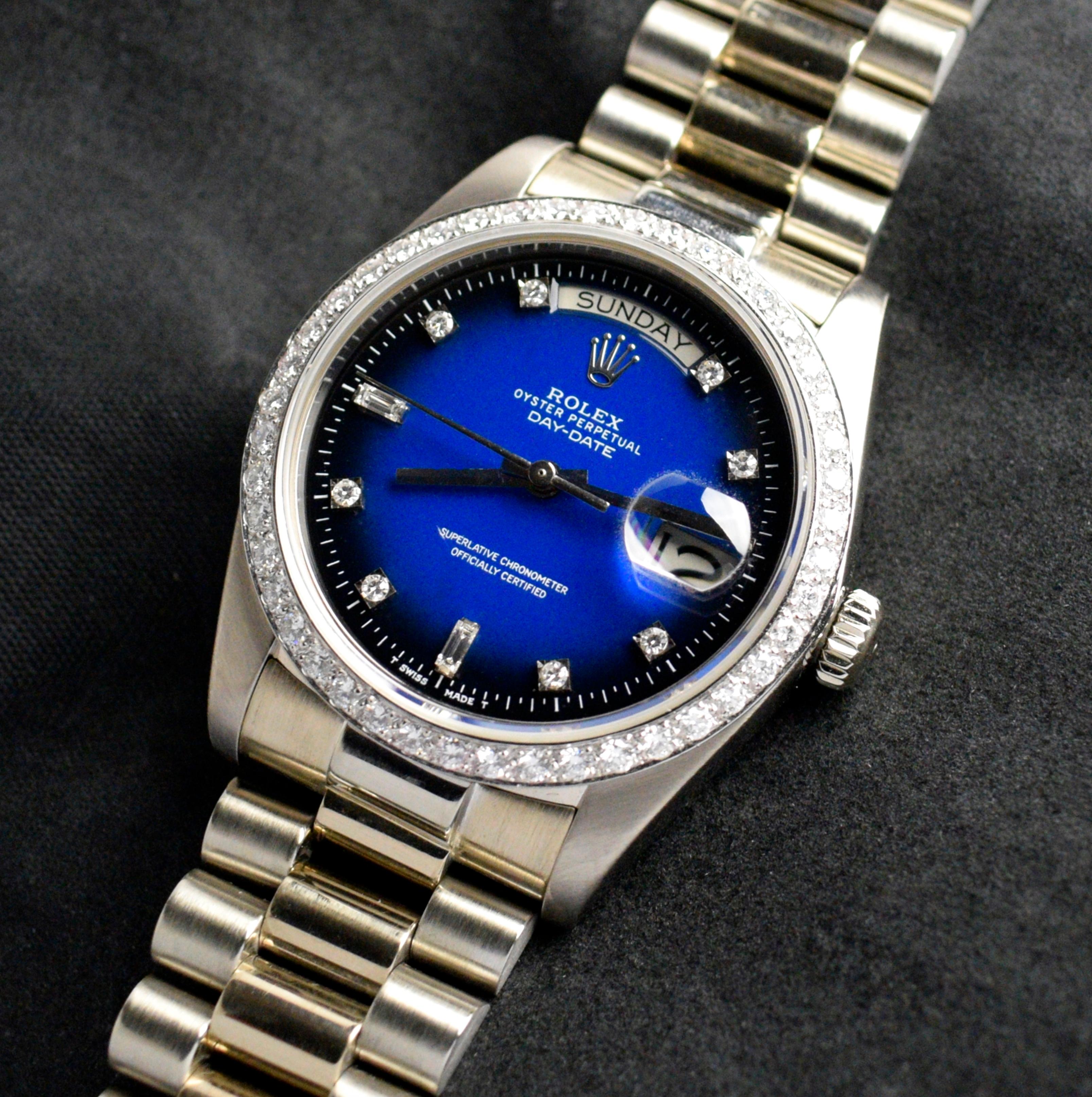 Brand: Vintage Rolex
Model: 18049
Year: 1982
Serial number: 76xxxxx
Reference: C03782

Case: 18K White gold 36mm without crown; Show sign of wear with slight polish from previous; inner case back stamped 18000

Dial: Excellent Condition Ombre Blue