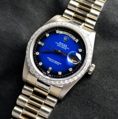 Reloj Rolex Day-Date 18K WG Oro Blanco Esfera Azul Ombre Diamante 18038 Auto, 1982
