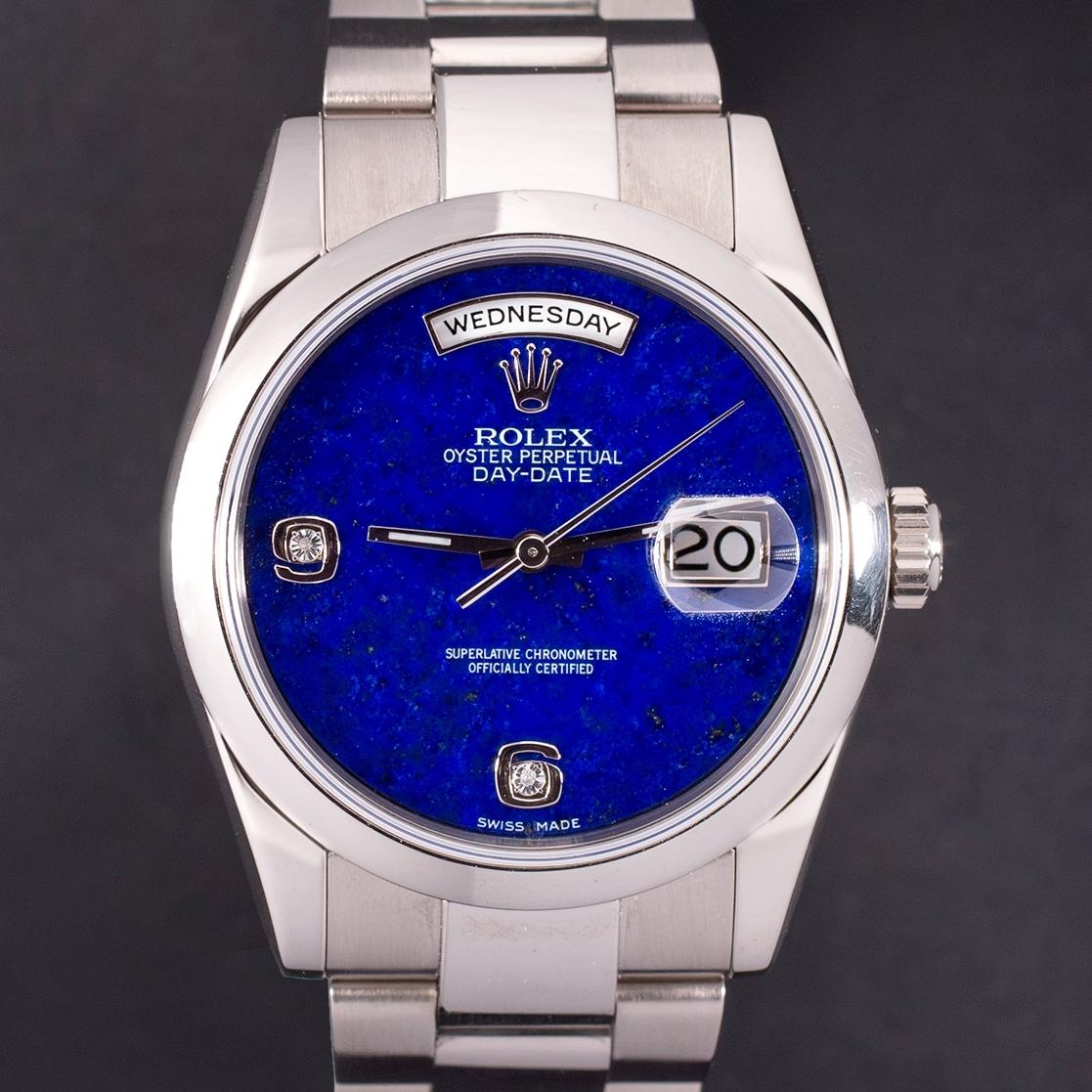 Rolex Day-Date 18K WG Weißgold Lapislazuli Zifferblatt Diamant 118209 Uhr mit Papier, 2000 (Rundschliff)