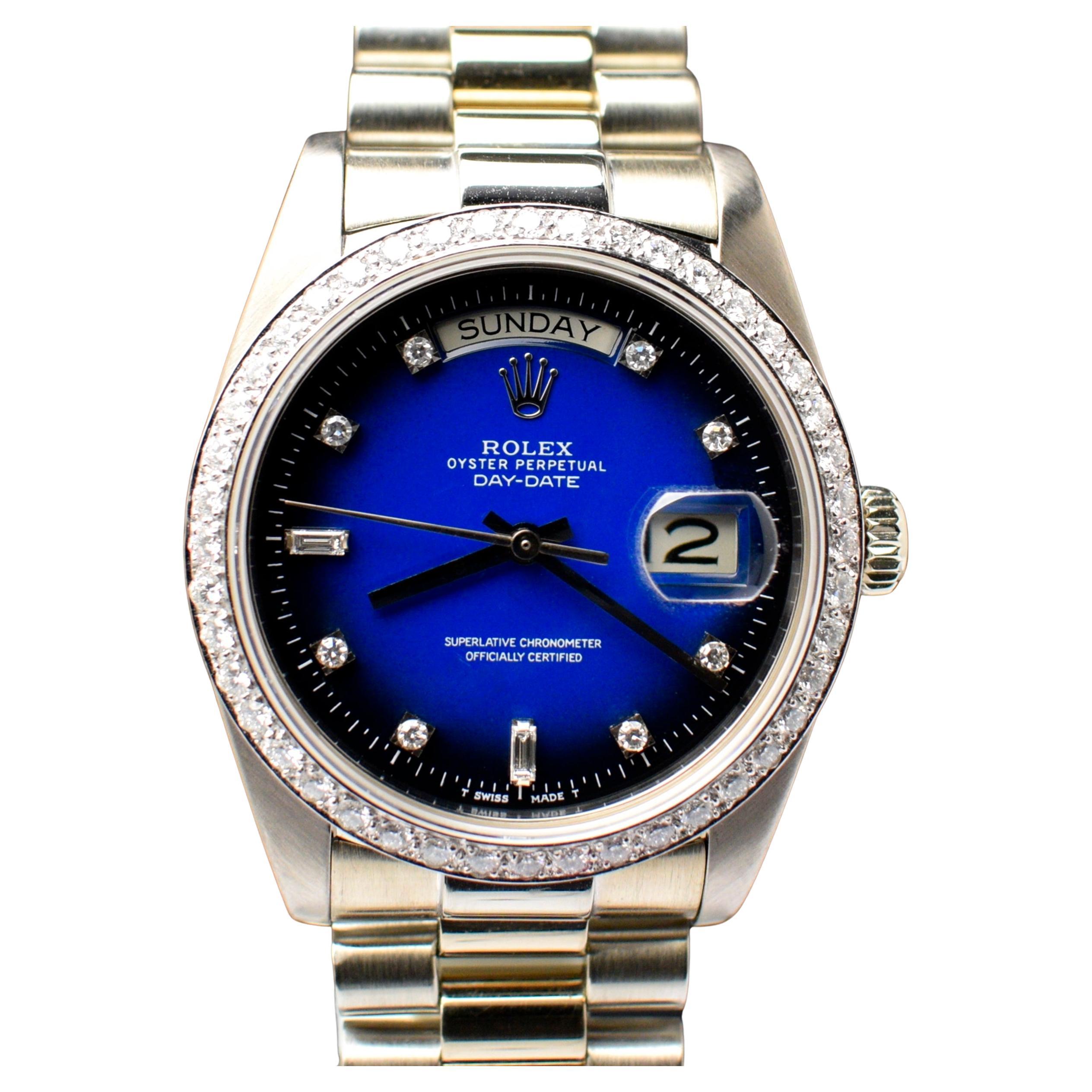 Rolex Montre d'occasion Day-Date 18038 en or blanc 18 carats avec cadran bleu dégradé et diamants, 1982 en vente