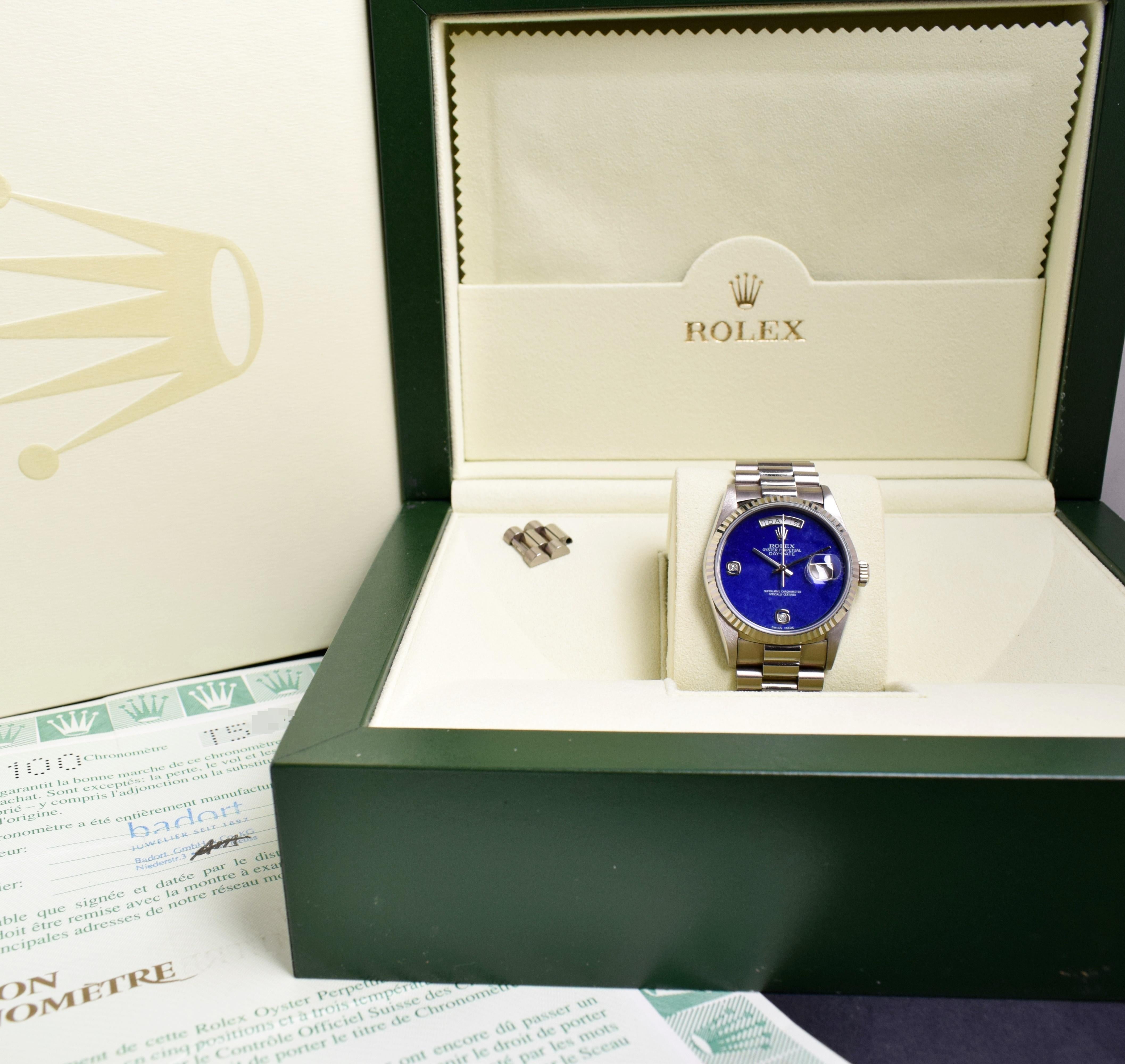Brand: Rolex
Model: 18239
Year: 1996
Serial number: T5xxxxx
Reference: C03678
Case: 36mm without crown; Show sign of wear with slight polish from previous; inner case back stamped 18200
Dial: Excellent Condition Natural Lapis Stone Dial w/ 6 & 9