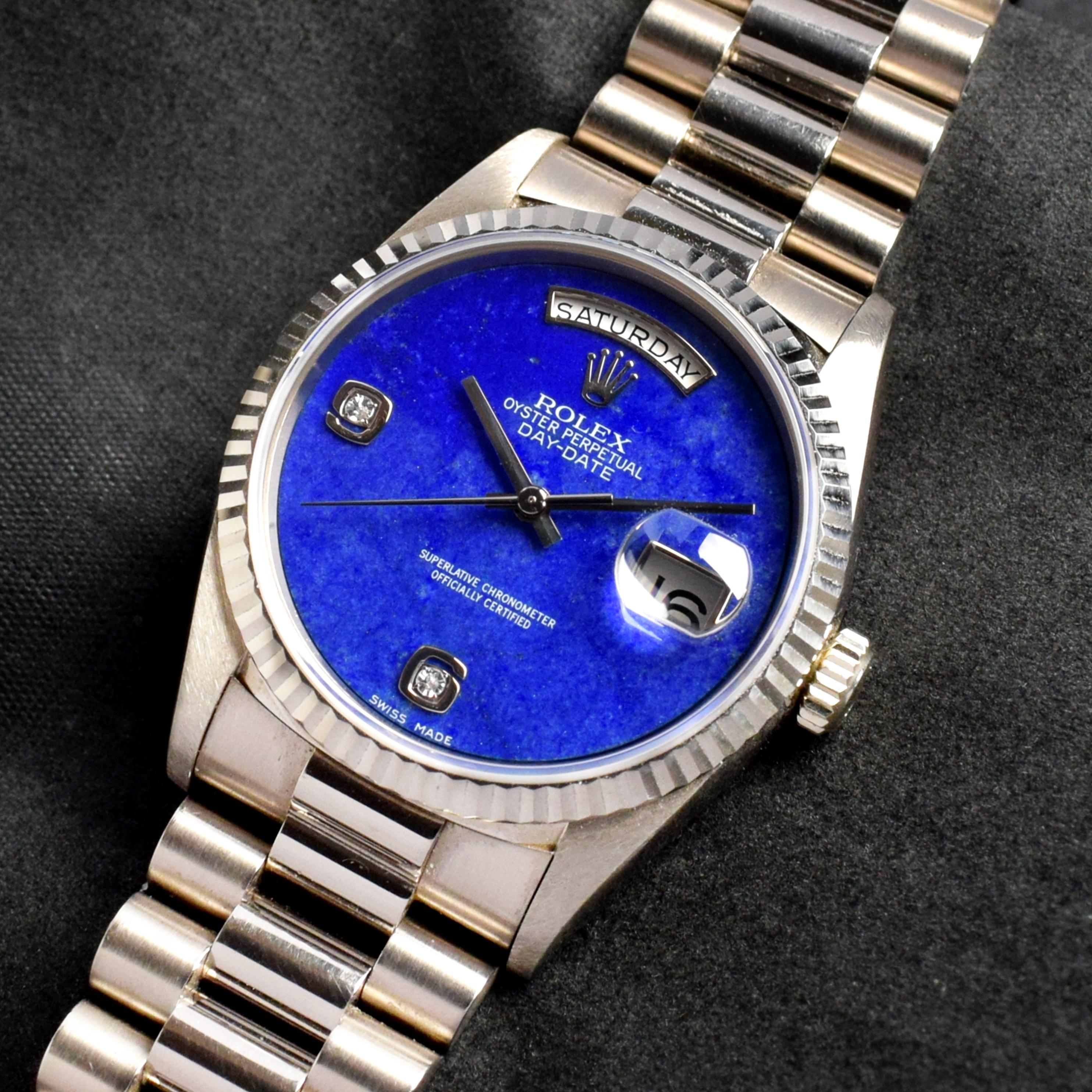 Rolex Day-Date 18K Weißgold Lapislazuli-Diamant-Zifferblatt 18239 Uhrenschachtel & Papier, 1996 (Rundschliff)