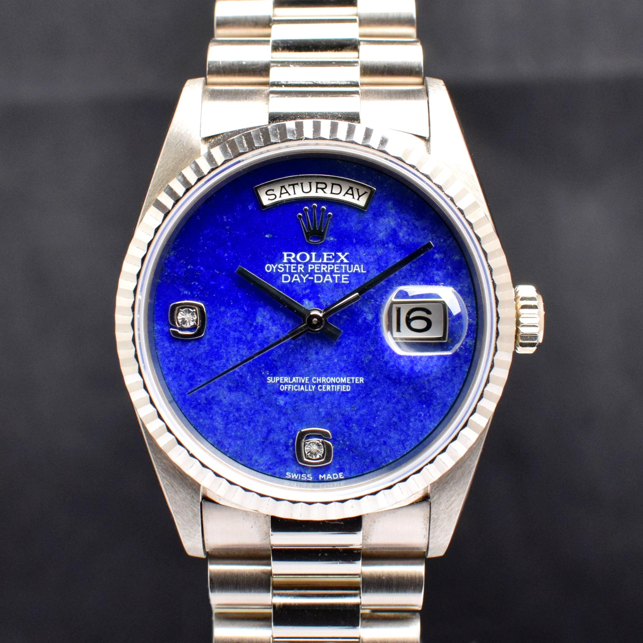 Rolex Day-Date 18K Weißgold Lapislazuli-Diamant-Zifferblatt 18239 Uhrenschachtel & Papier, 1996 im Zustand „Gut“ in Central & Western District, HK