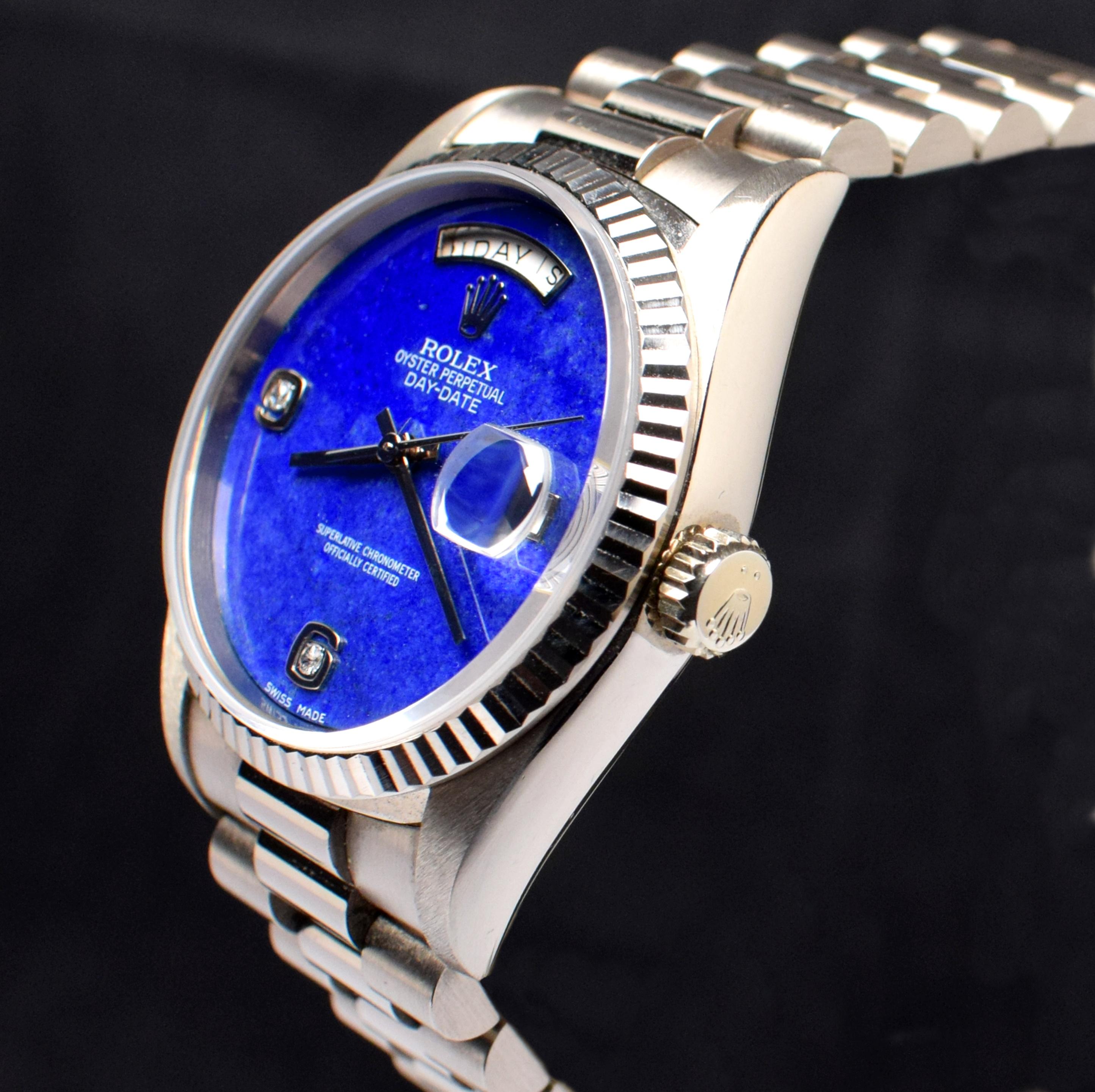 Round Cut Rolex Day-Date 18K White Gold Lapis Diamond Dial 18239 Watch Box & Paper, 1996