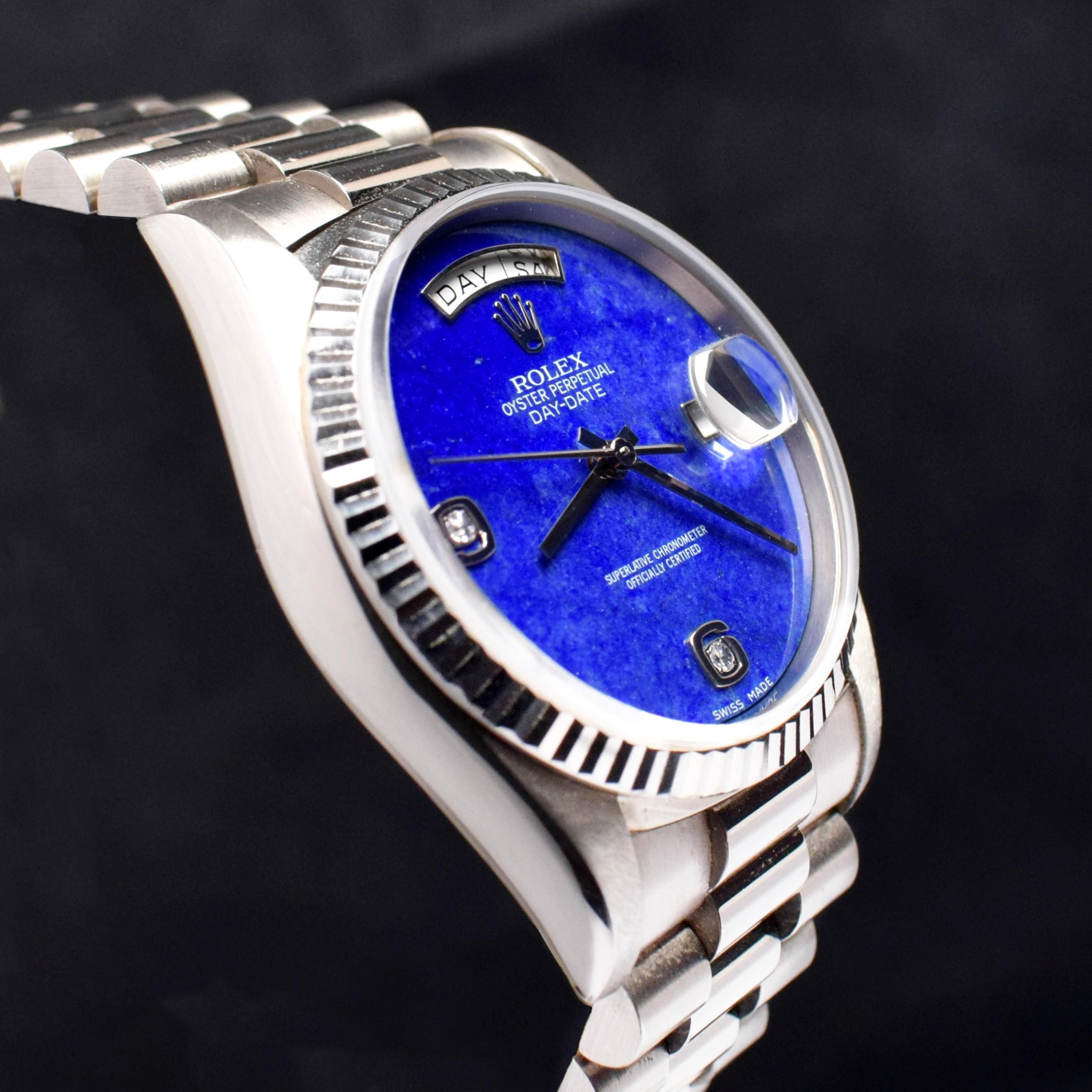 Rolex Day-Date 18K White Gold Lapis Diamond Dial 18239 Watch Box & Paper, 1996 In Good Condition In Central & Western District, HK