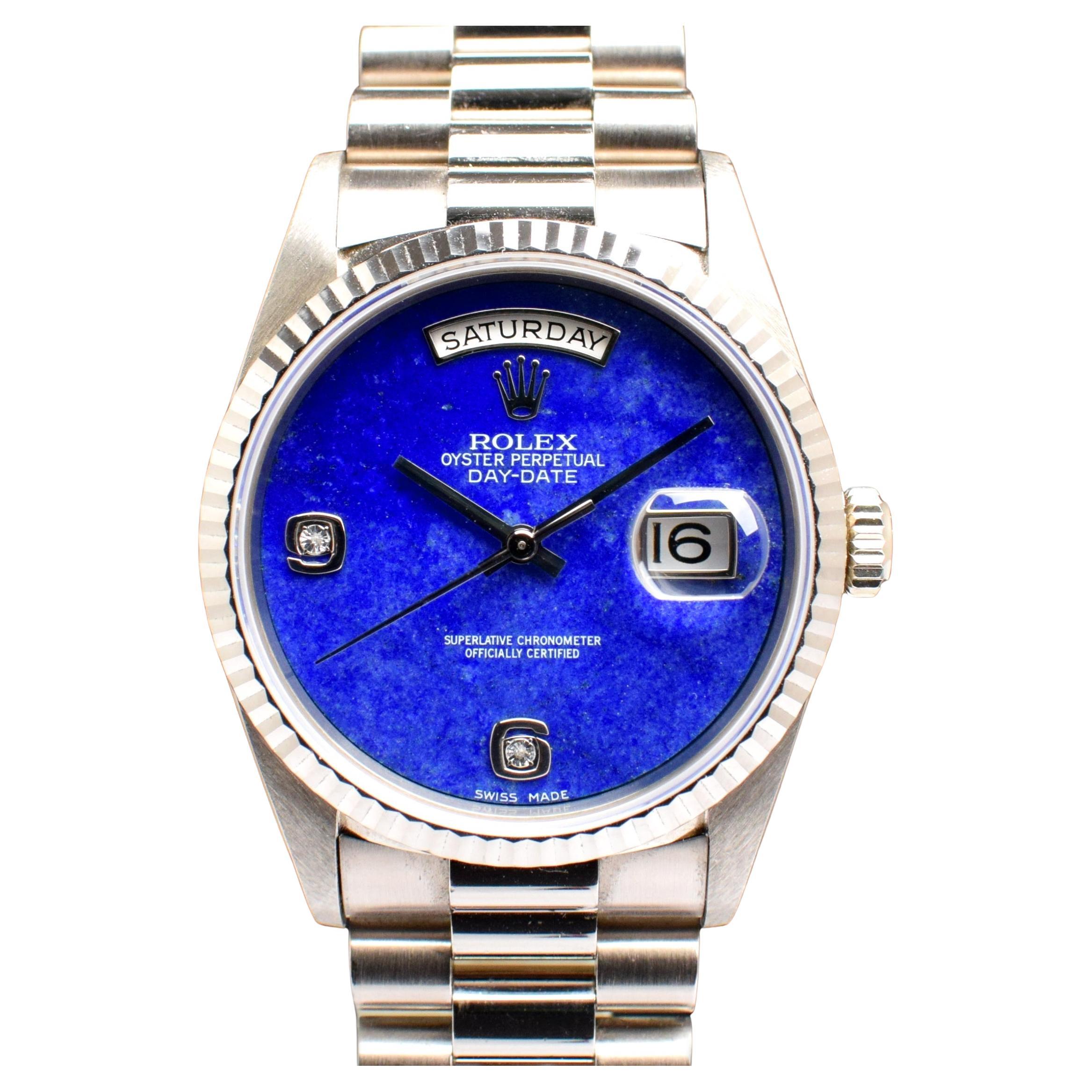 Rolex Day-Date 18K White Gold Lapis Diamond Dial 18239 Watch Box & Paper, 1996