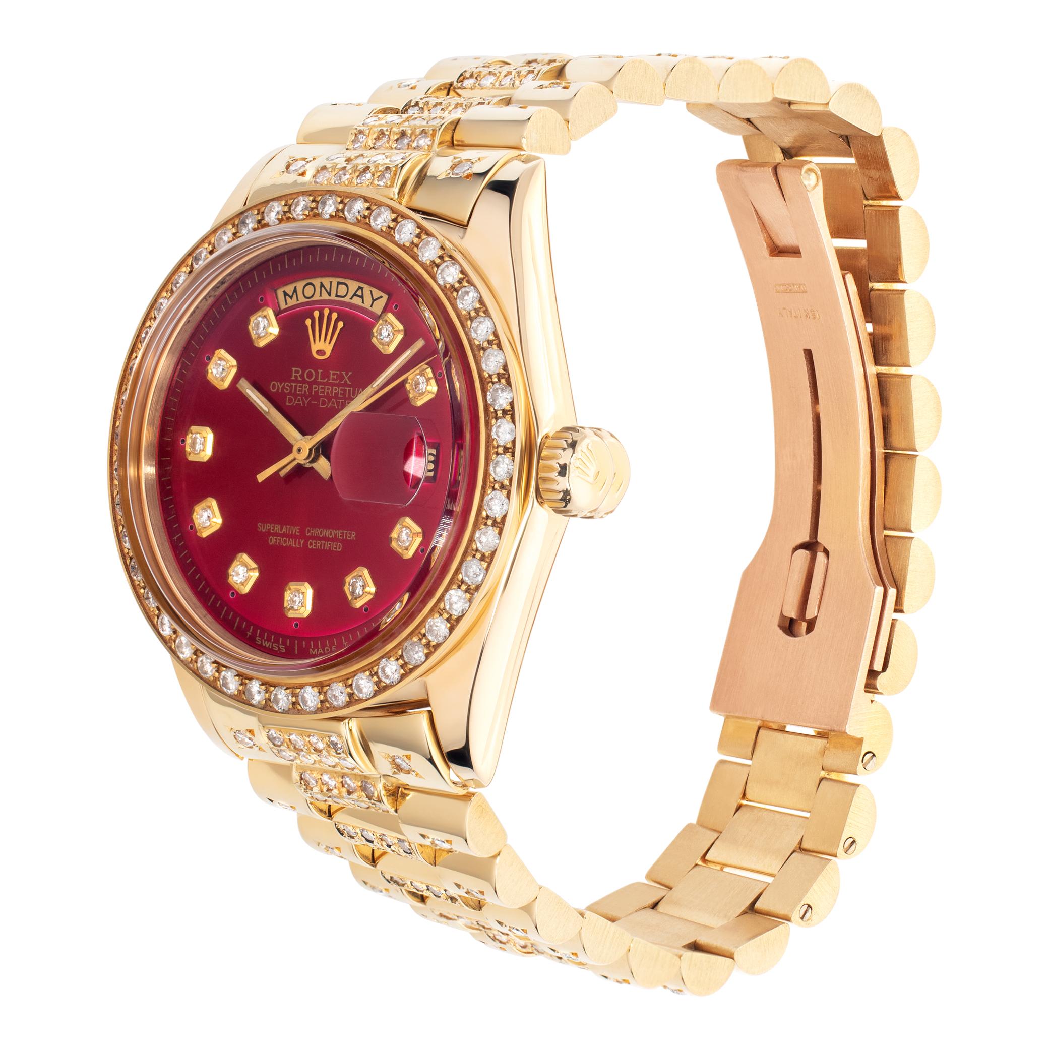 Rolex Day-Date in 18k yellow gold with custom diamond dial, bezel and custom President style diamond bracelet. Auto w/ sweep seconds, date and day. 36 mm case size. **Bank wire only at this price** Ref 1803. Circa 1984. Fine Pre-owned Rolex Watch.

