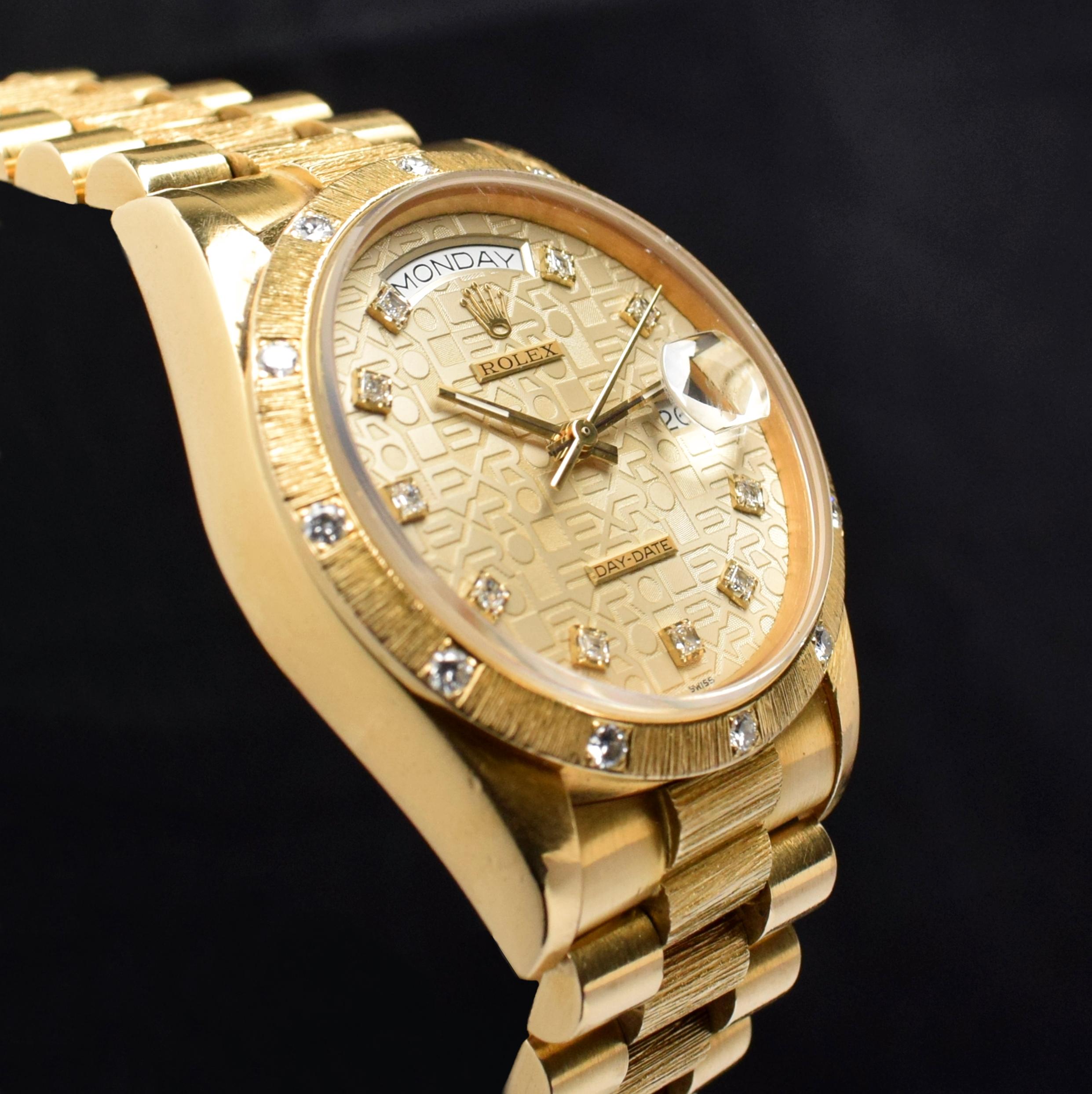 Square Cut Rolex Day-Date 18K Yellow Gold Bark Jubilee Anniversary 18108 Watch & Paper 1986