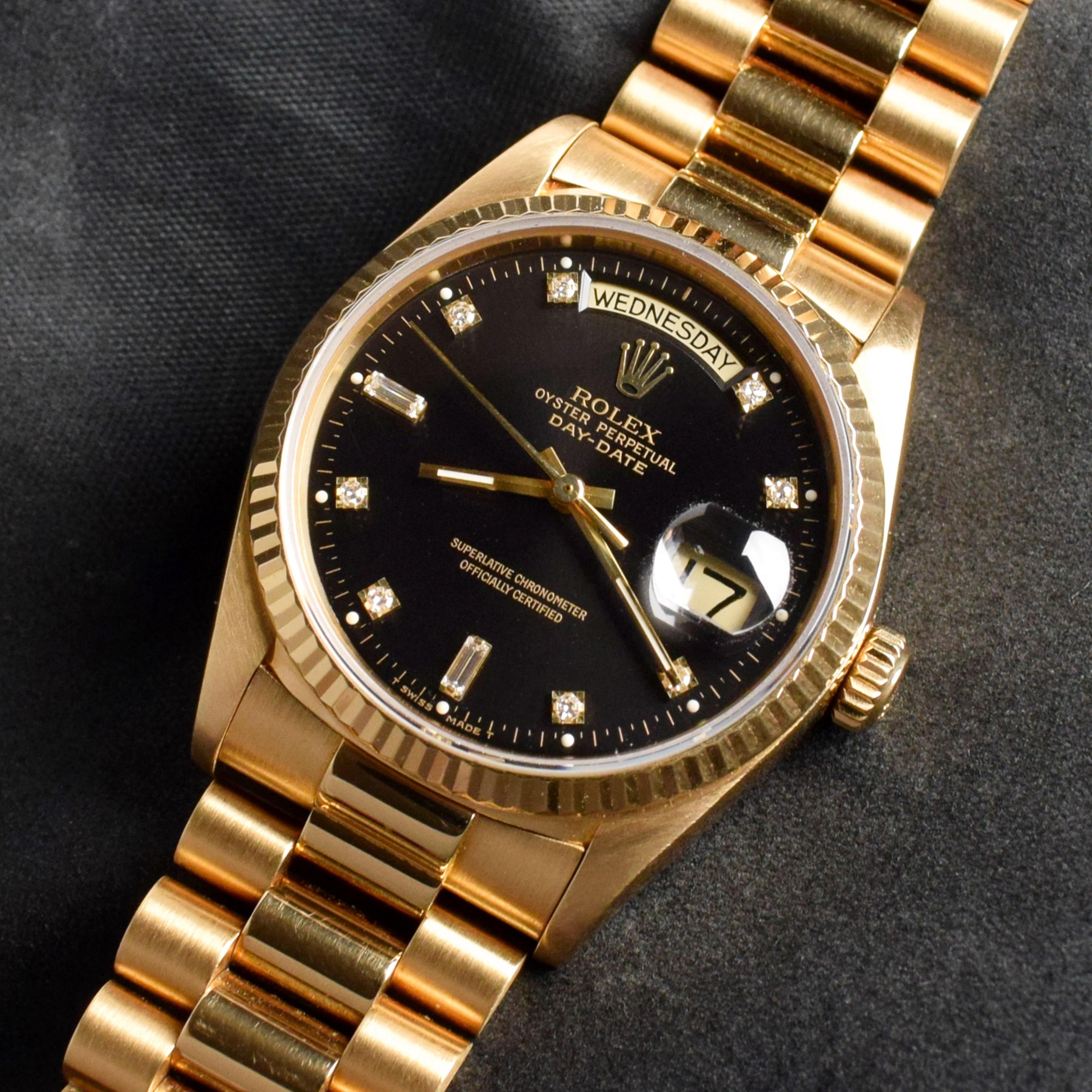 Brand: Vintage Rolex
Model: 18038
Year: 1987
Serial number: 98xxxxx
Reference: C03662
Case: 36mm without crown; Show sign of wear with slight polish from previous; inner case back stamped 18000
Dial: Excellent Condition Black Charcoal Dial w/