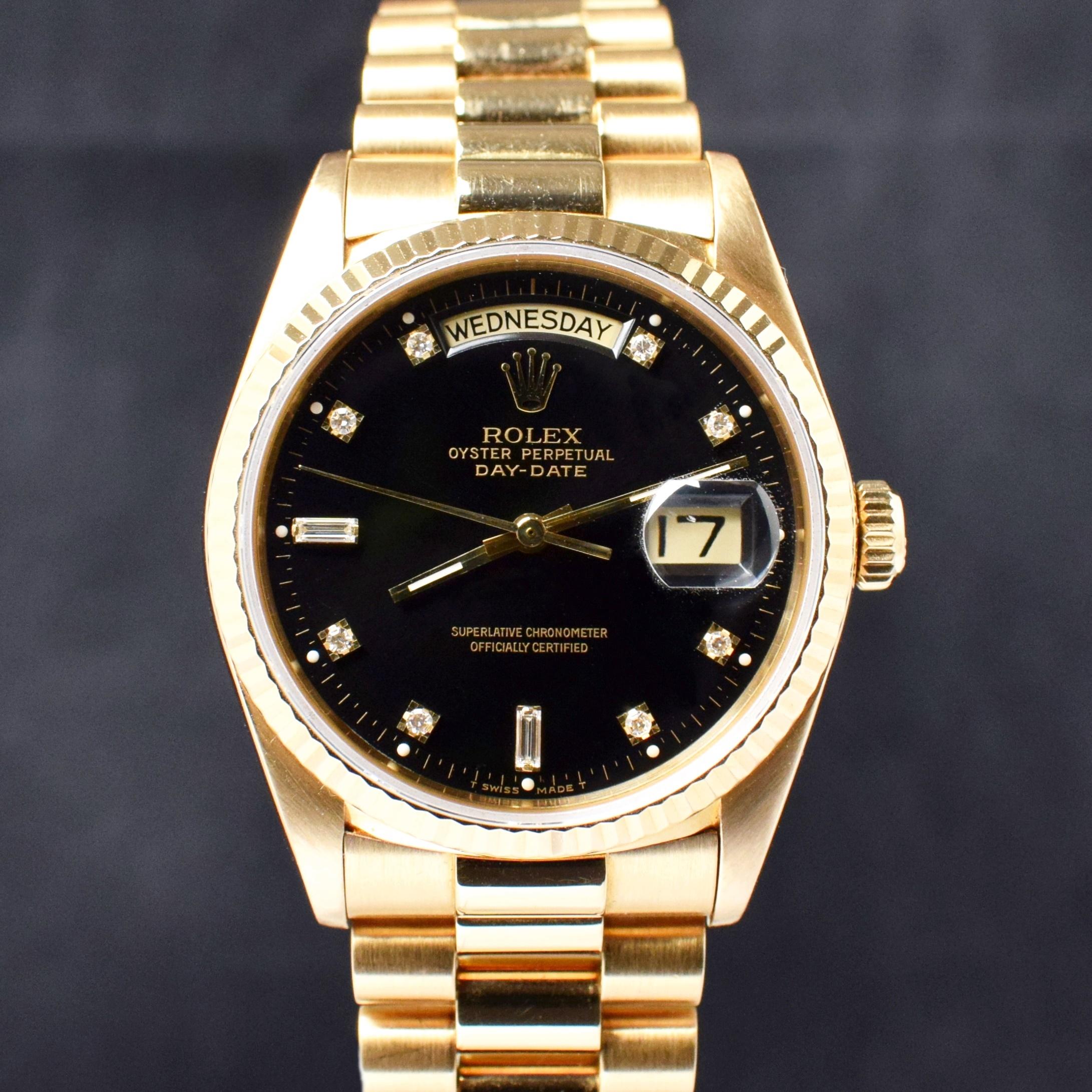 Square Cut Rolex Day-Date 18K Yellow Gold Black Dial Diamond Indexes 18038 Watch 1987