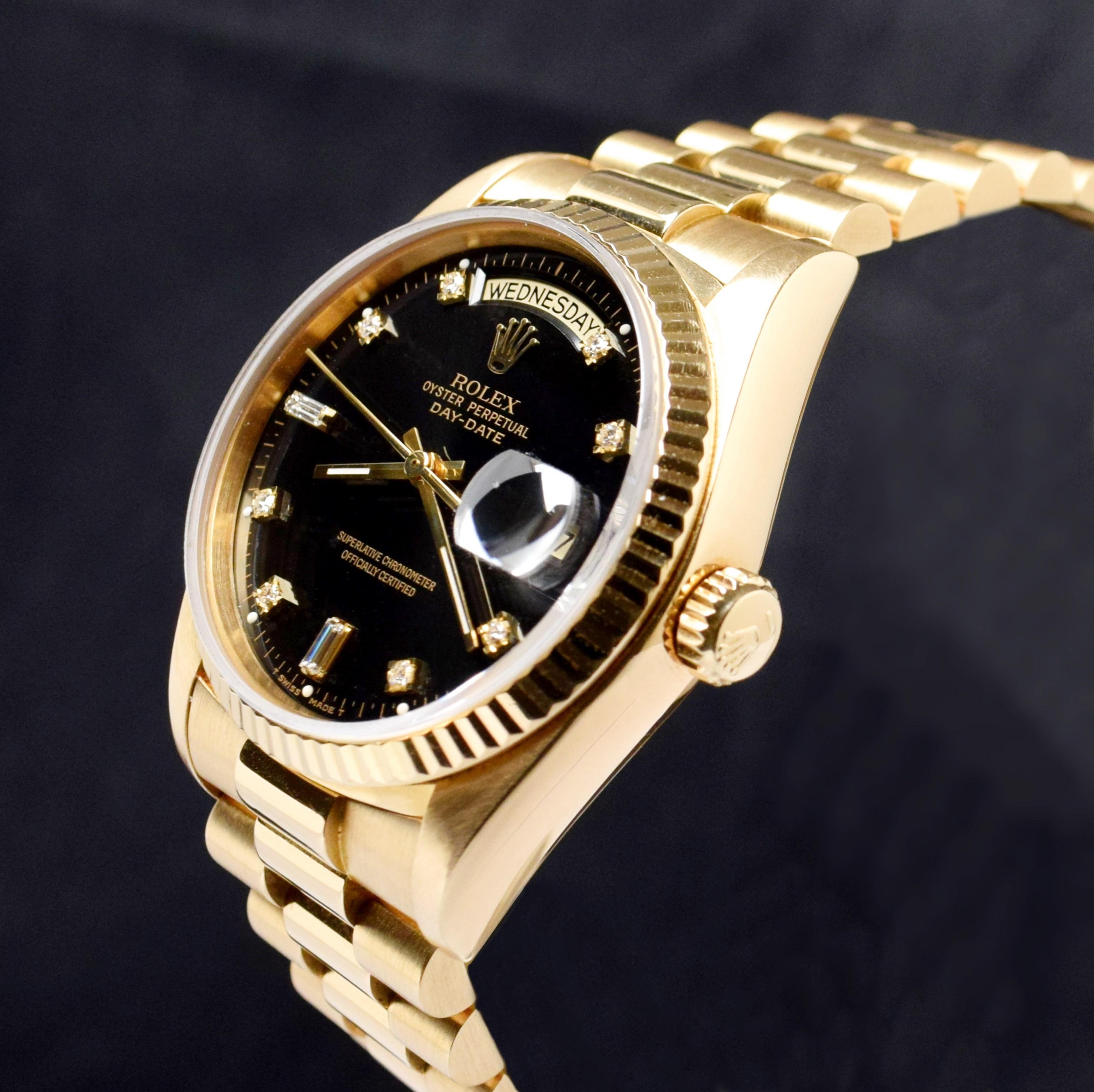 Rolex Day-Date 18K Yellow Gold Black Dial Diamond Indexes 18038 Watch 1987 In Good Condition In Central & Western District, HK