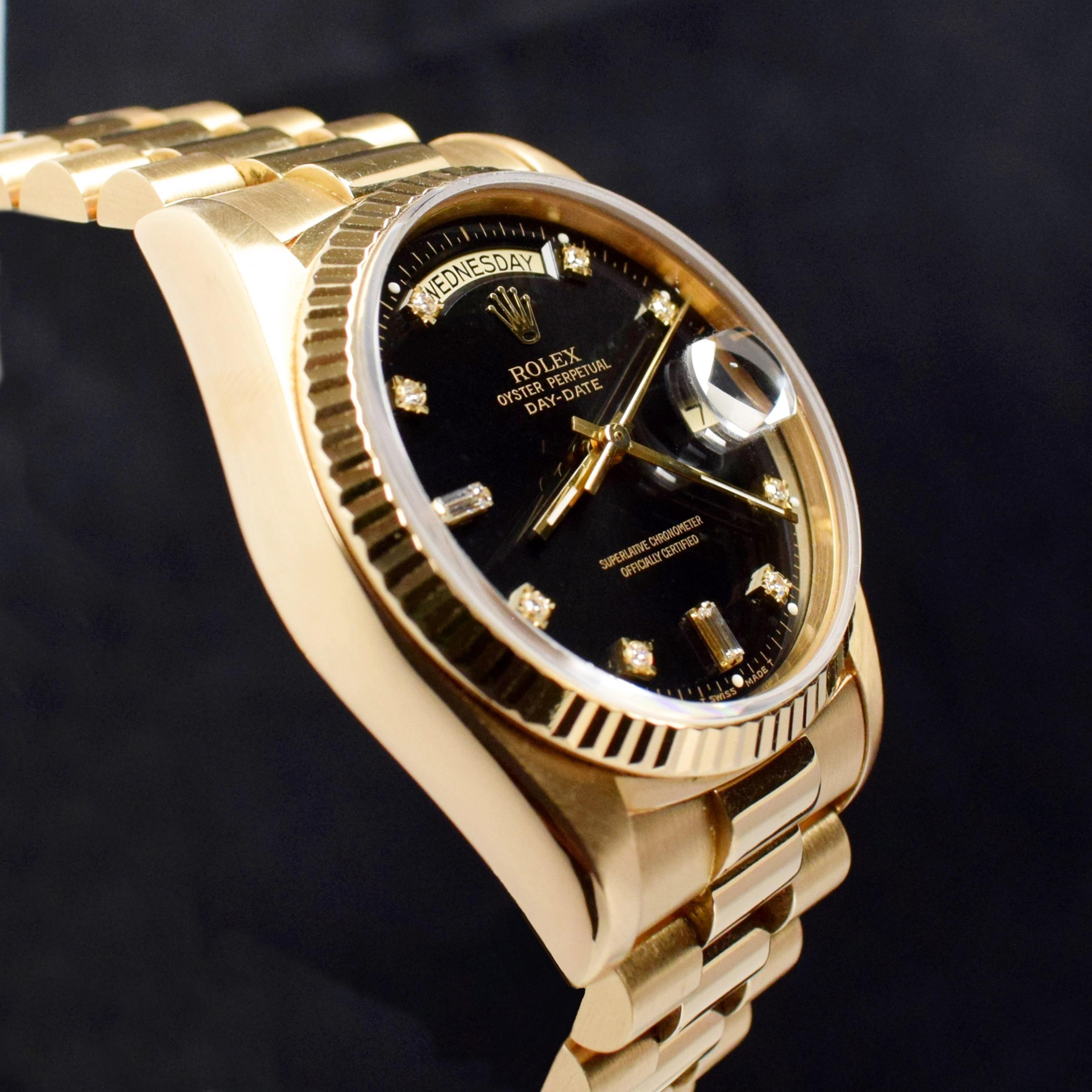 Women's or Men's Rolex Day-Date 18K Yellow Gold Black Dial Diamond Indexes 18038 Watch 1987