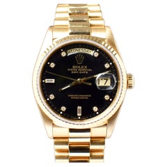 Rolex Day-Date 18K Yellow Gold Black Dial Diamond Indexes 18038 Watch 1987