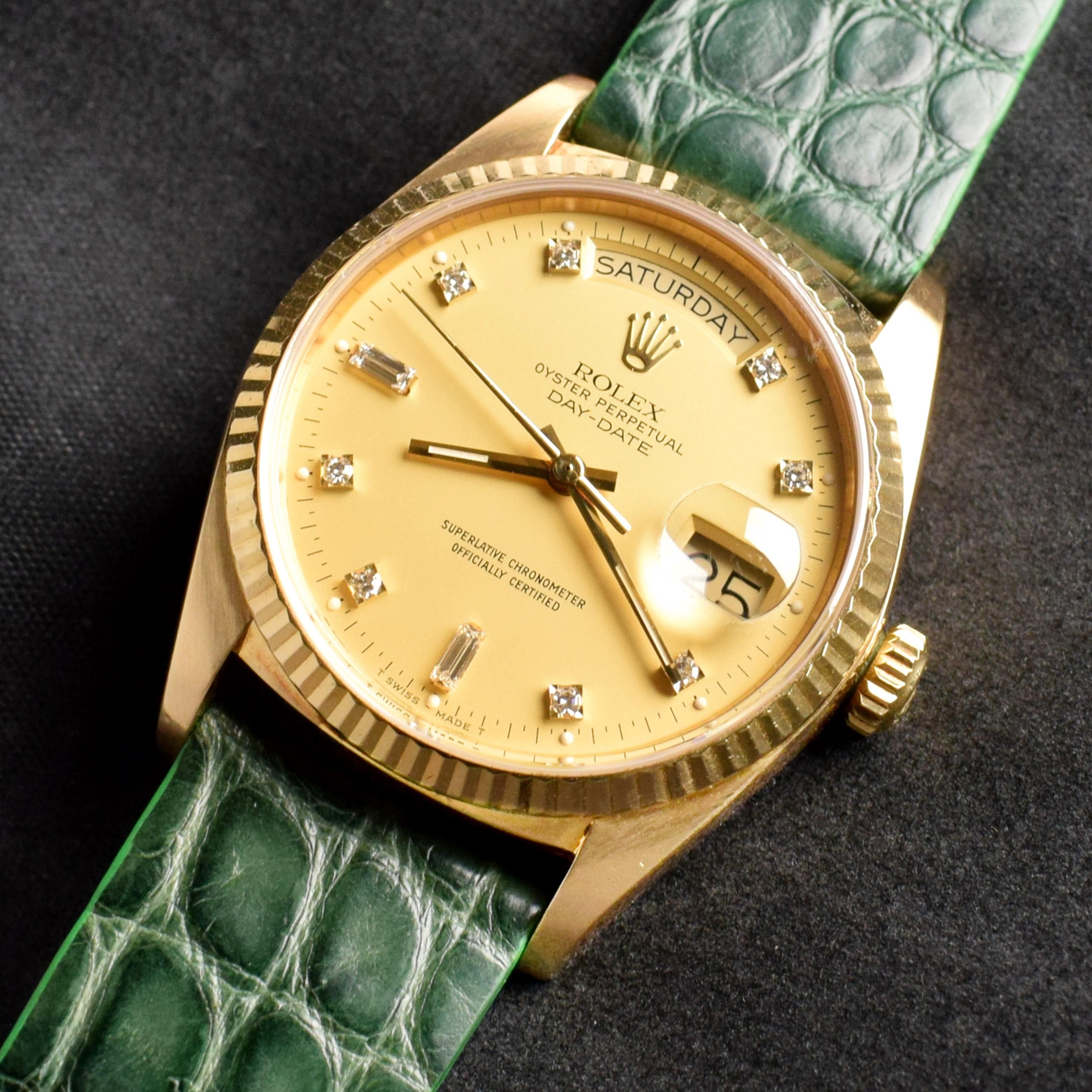 Brand: Vintage Rolex
Model: 18038
Year: 1985
Serial number: 91xxxxx
Reference: C03702
Case: 36mm without crown; Show sign of wear with slight polish from previous; inner case back stamped 18000
Dial: Excellent Condition Champagne Dial w/ diamond