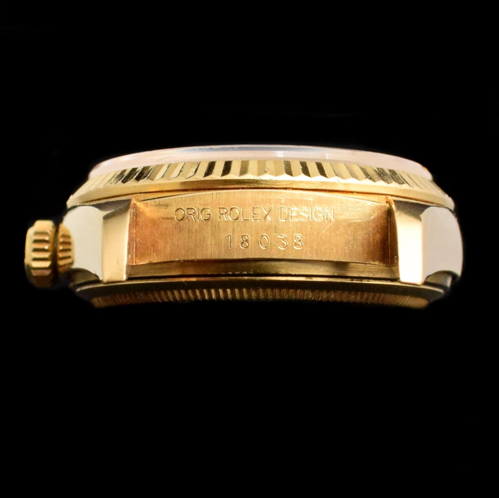 Square Cut Rolex Day-Date 18K Yellow Gold Champagne Dial Diamond Indexes 18038 Watch 1985