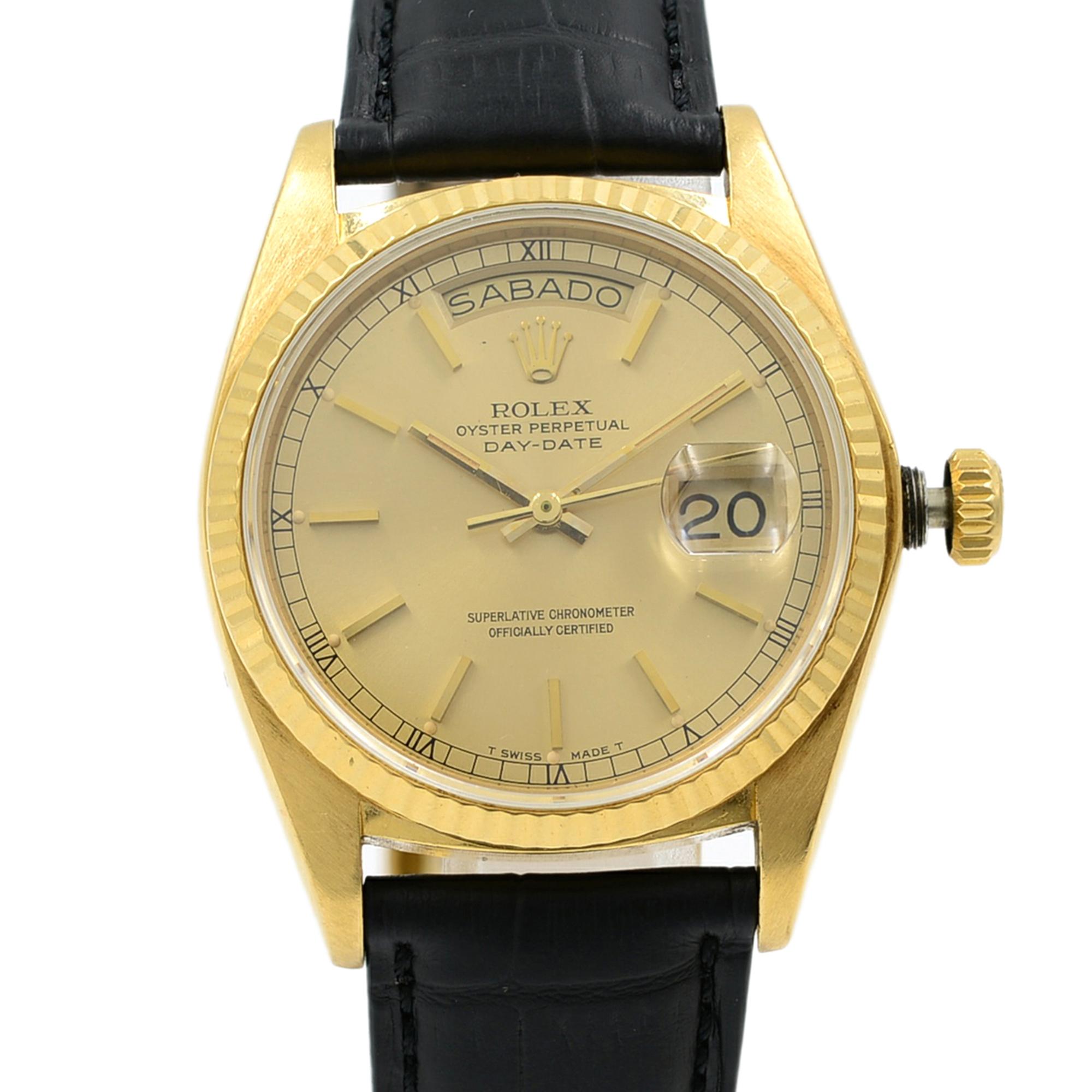 This pre-owned Rolex Day-Date 18038 is a beautiful Ladies timepiece that is powered by an automatic movement which is cased in a yellow gold case. It has a round shape face, day & date dial and has hand sticks style markers. It is completed with a
