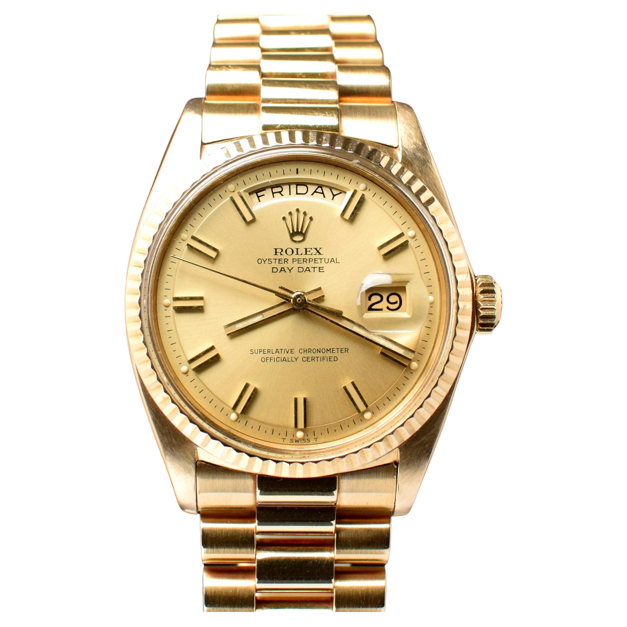 Rolex Day-Date 18K Yellow Gold Champagne Wideboy Dial 1803 Automatic Watch, 1969