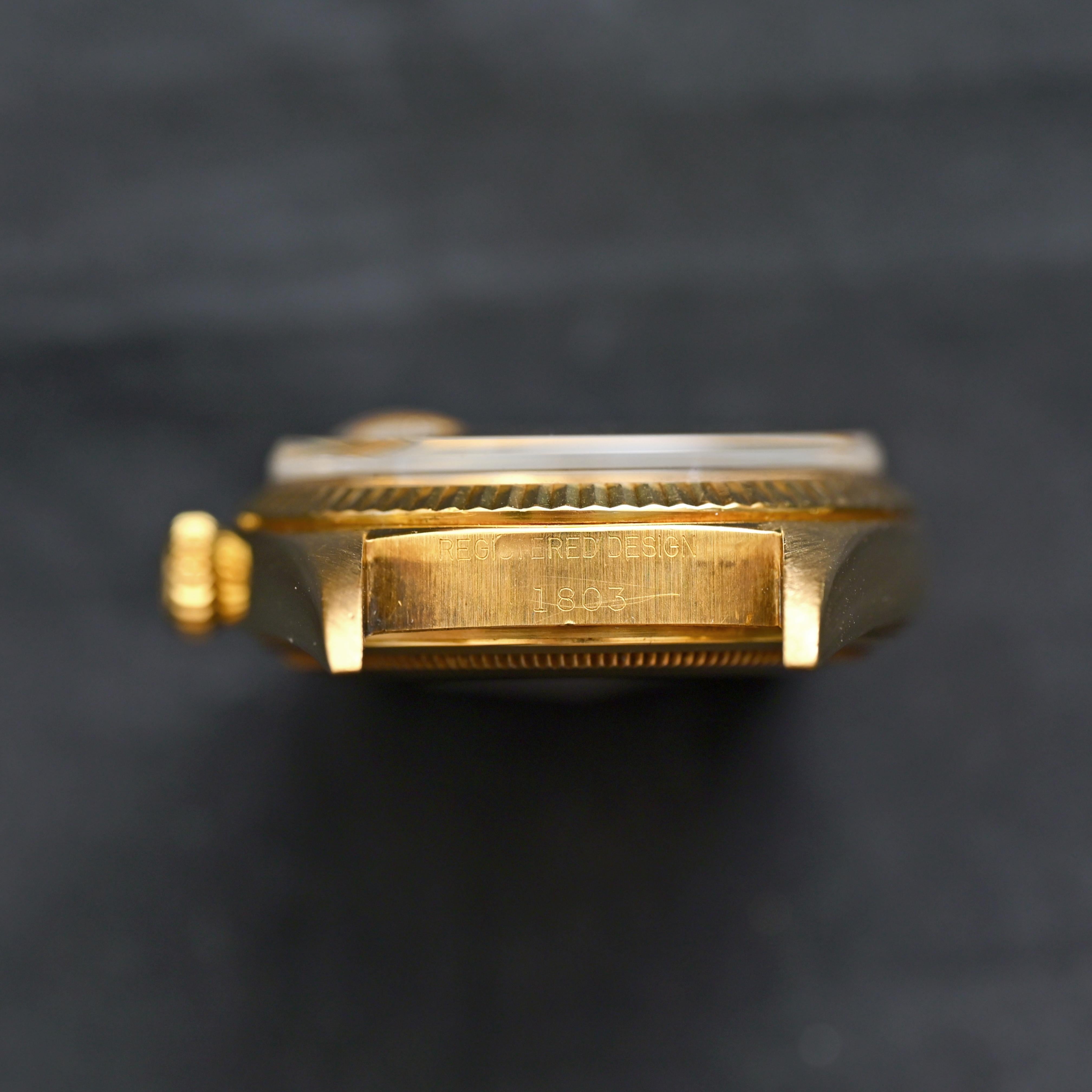Brand: Vintage Rolex
Model: 1803
Year: 1970
Serial number: 24xxxxx

Reference: C04591

Case: 36mm in diameter without crown; Show sign of wear with slight polish from previous w/inner case back stamped 1803.

Dial: Excellent Condition Gold Dial