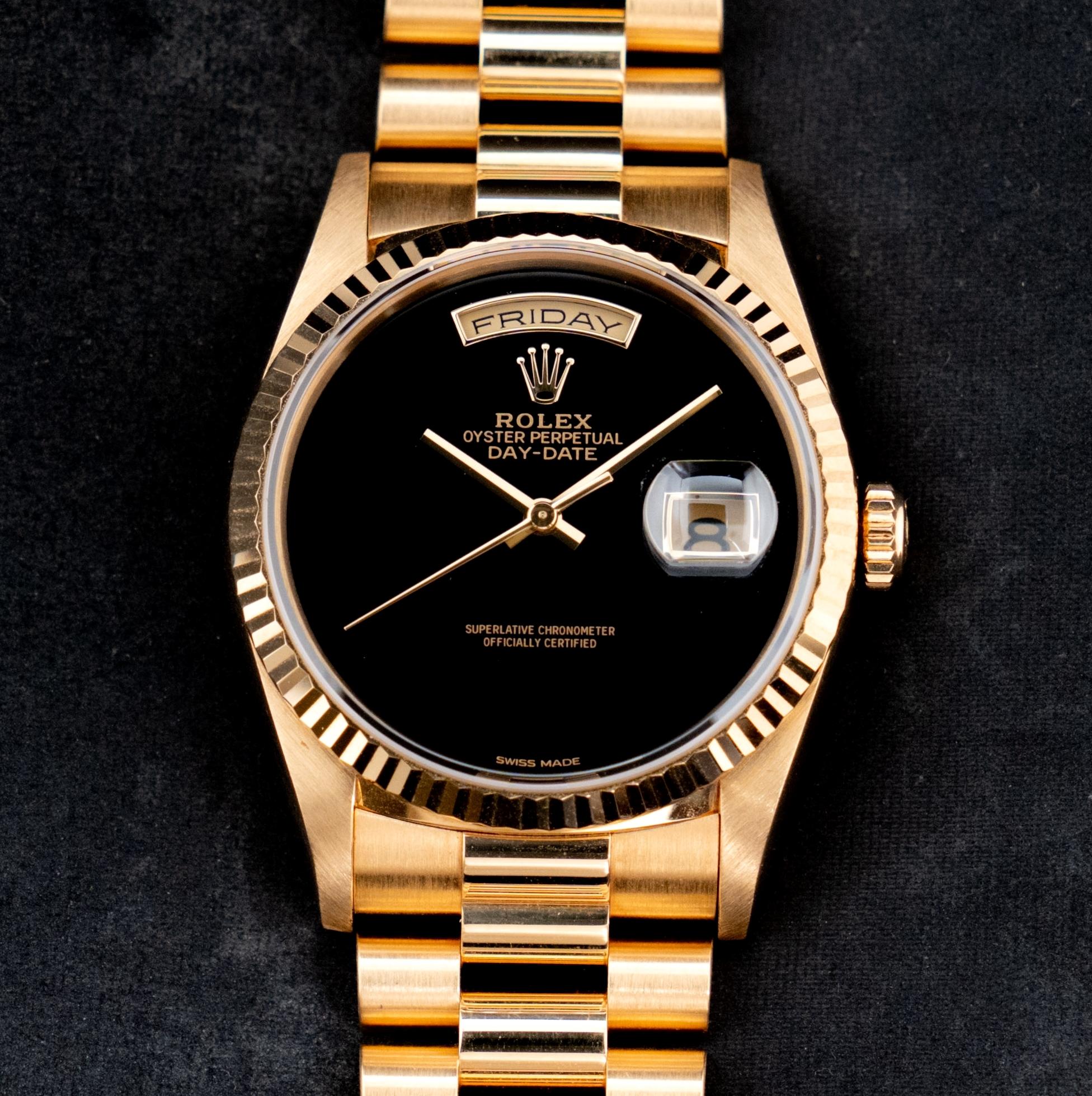 Rolex Day-Date 18K Gelbgold Onyx Schwarzes Stein Zifferblatt 18238 mit Papier, 1995 im Zustand „Gut“ in Central & Western District, HK
