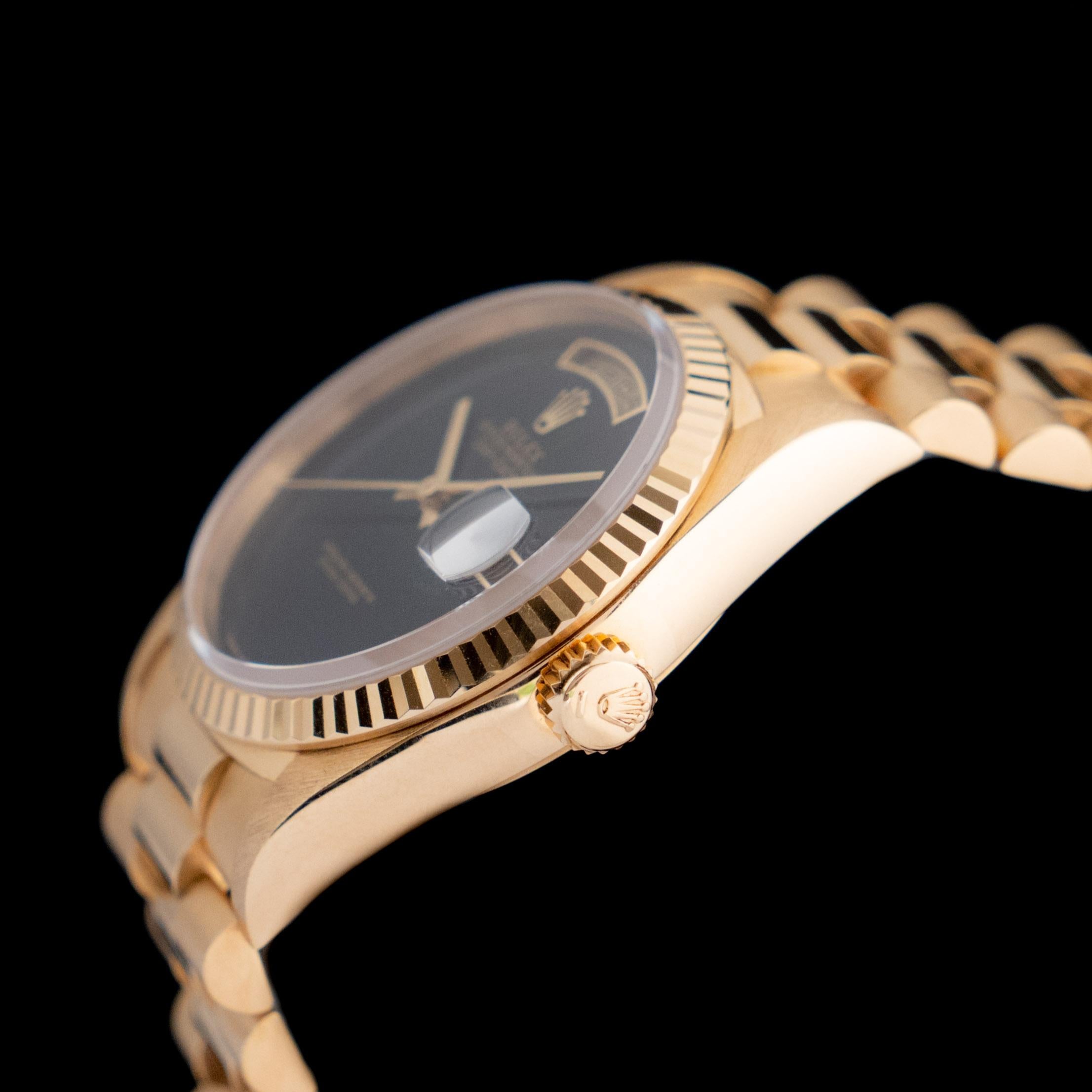 Rolex Day-Date 18K Gelbgold Onyx Schwarzes Stein Zifferblatt 18238 mit Papier, 1995 für Damen oder Herren